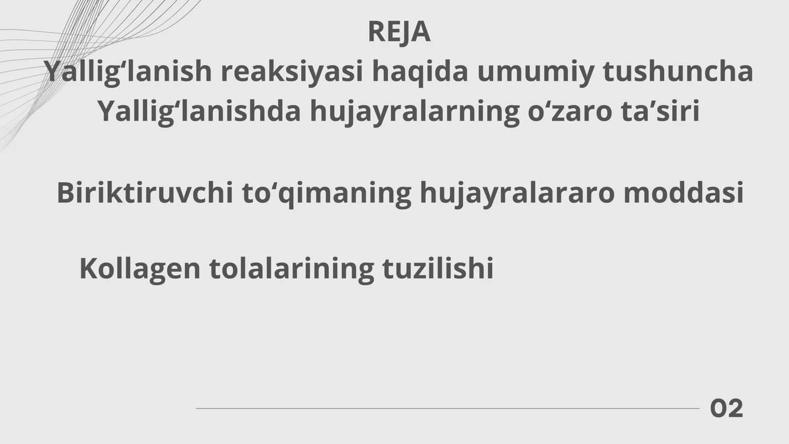Yallig'lanish reaksiyasi vaqtida hujayralarning o'zaro ta'siri. Birriktiruvchi to'qimaning hujayralararo moddasining kelib chiqishi vauzilishi. Kollagen tolalarining ultrastrukturasi va gistokimyosi 3