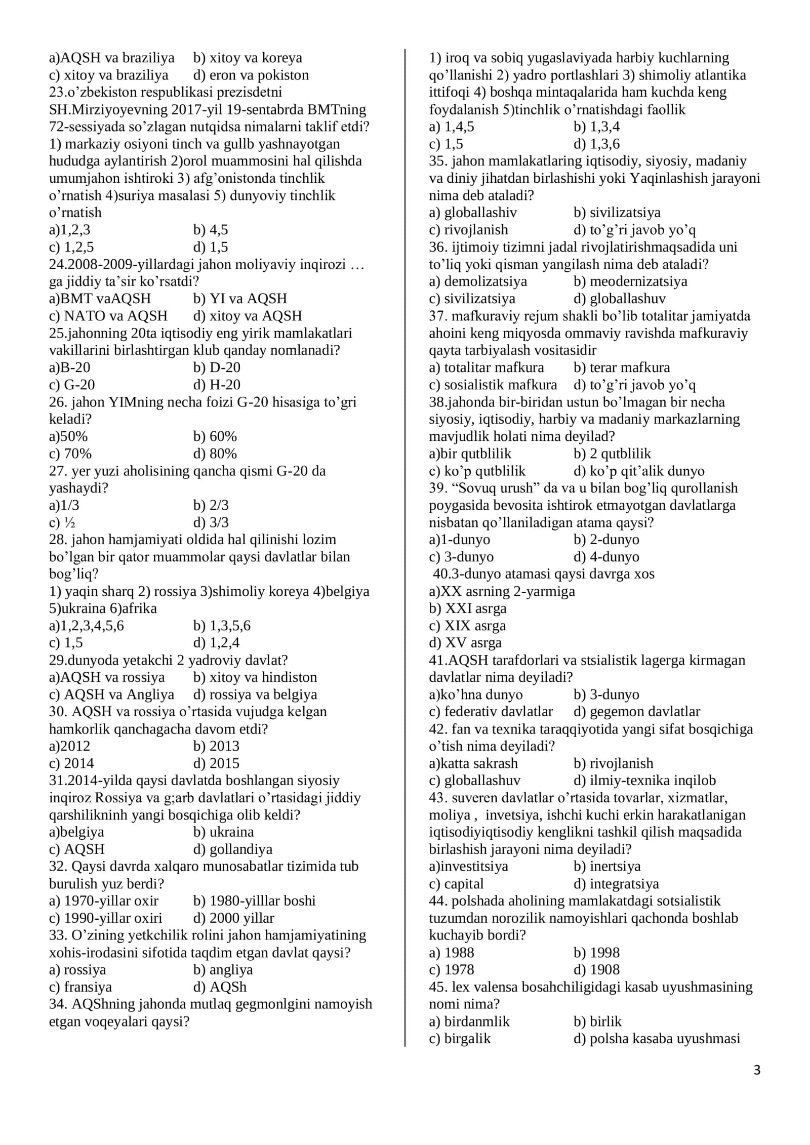 11-SINF JAHON TARIXI MAVZULASHTIRILGAN TEST SAVOLLARI (1037 TA) 2026 YIL 3