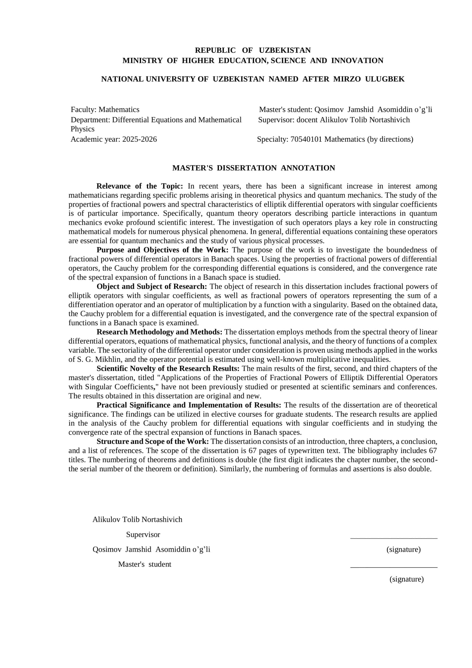 Singuliyar koeffisiyentli elliptik differensial operatorini kasr tartibli darajasi xossalarining tatbiqlari 3