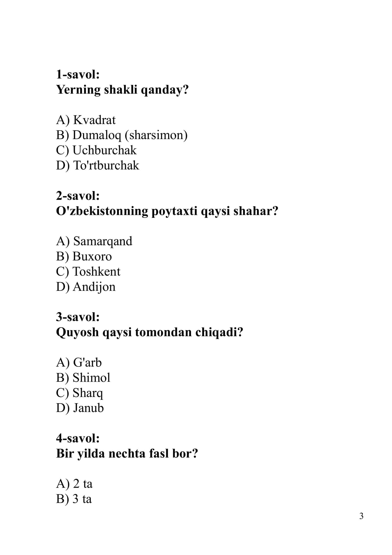 2-sinfdan 7-sinfgacha bolgan oquvchilar uchun Geografiya fanidan testlar to'plami javoblari bilan 3