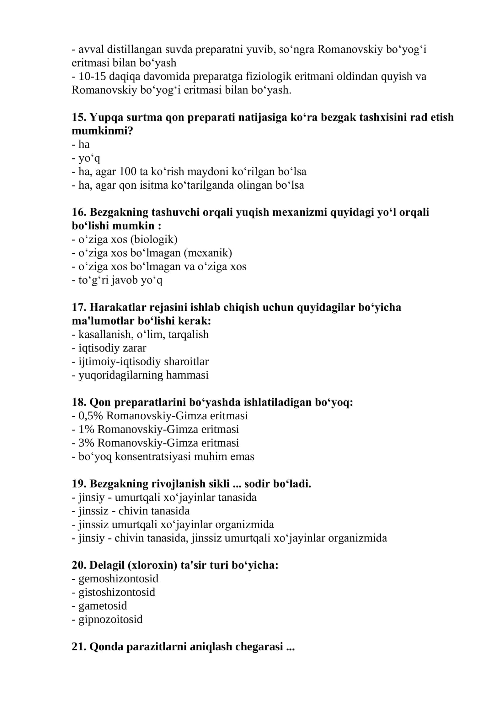 Parazitologiya mutaxassisligi bo'yicha shakllantirilgan test savollari 2026 3