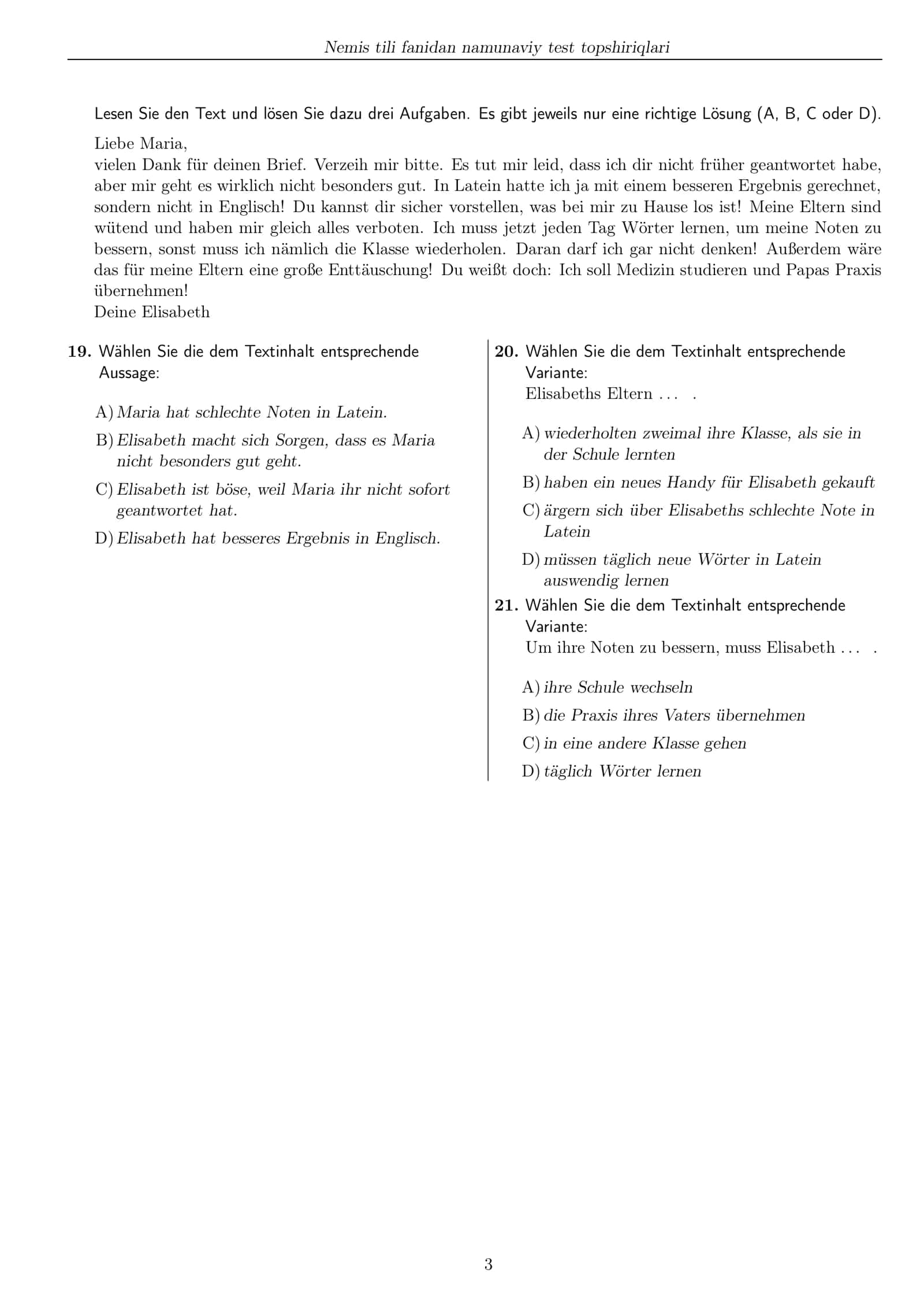 Nemis tili fanidan namunaviy test topshiriqlari 3