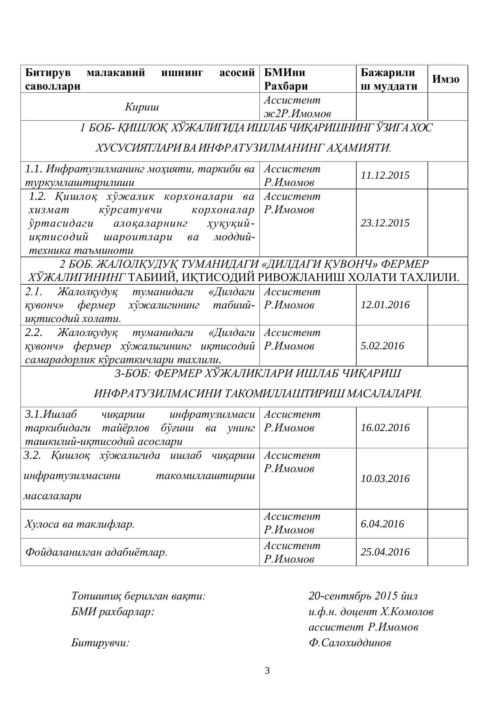 Мавзу: Жалолқудуқ туманидаги “Дилдаги қувонч” фермер хўжалигида маҳсулот етиштиришда ишлаб чиқариш инфратузилмаларидан фойдаланишнинг иқтисодий самарадорлигини ошириш йўллари 3