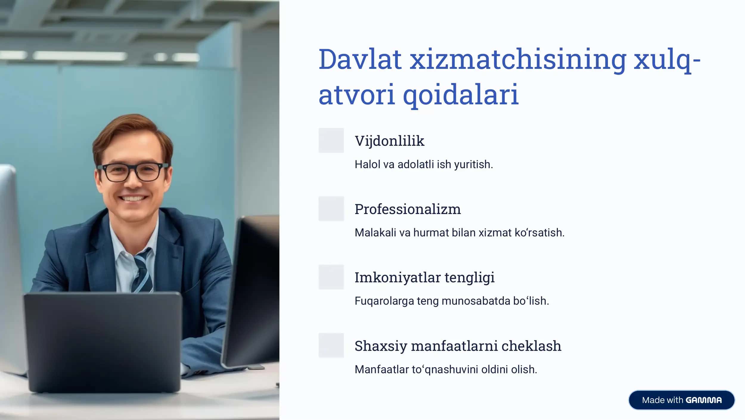 Davlat xizmatchisiga qo»yiladigan axloqiy talablar 3