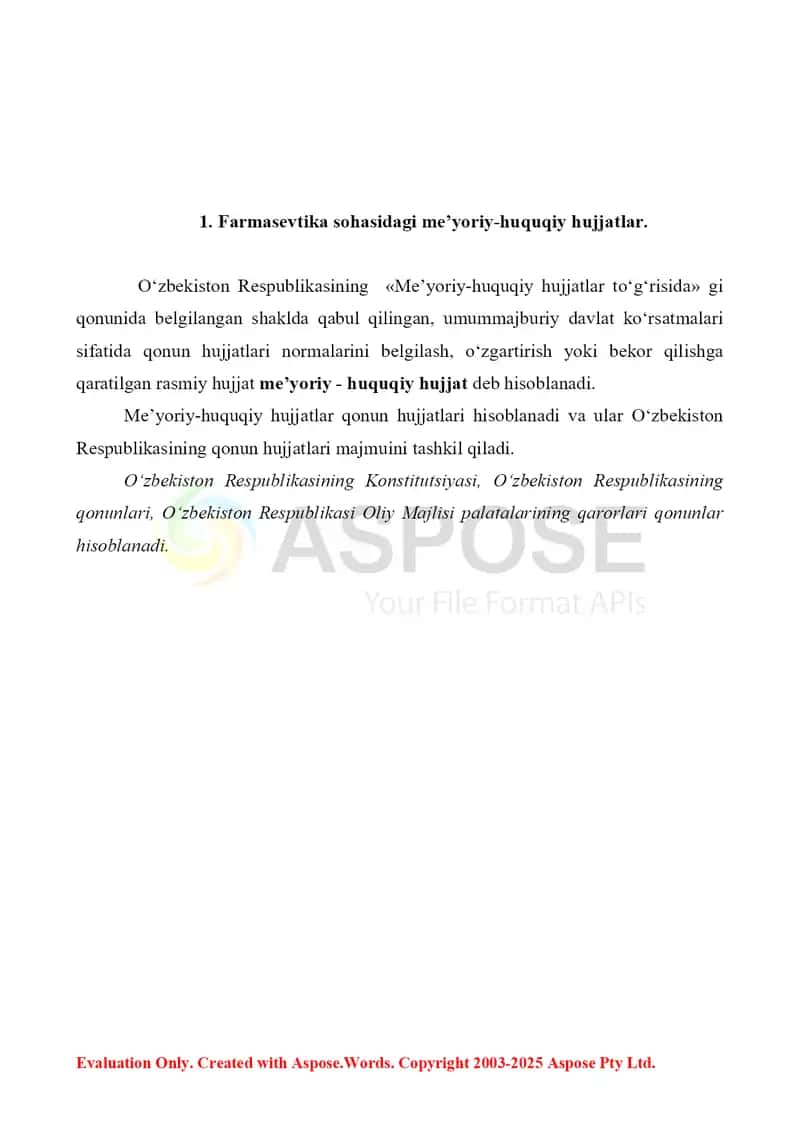 Farmasevtika sohasini takomillashtirishda qonun osti hujjatlari, ularning o‘rni va ahamiyati. Referat 7 bet. 3