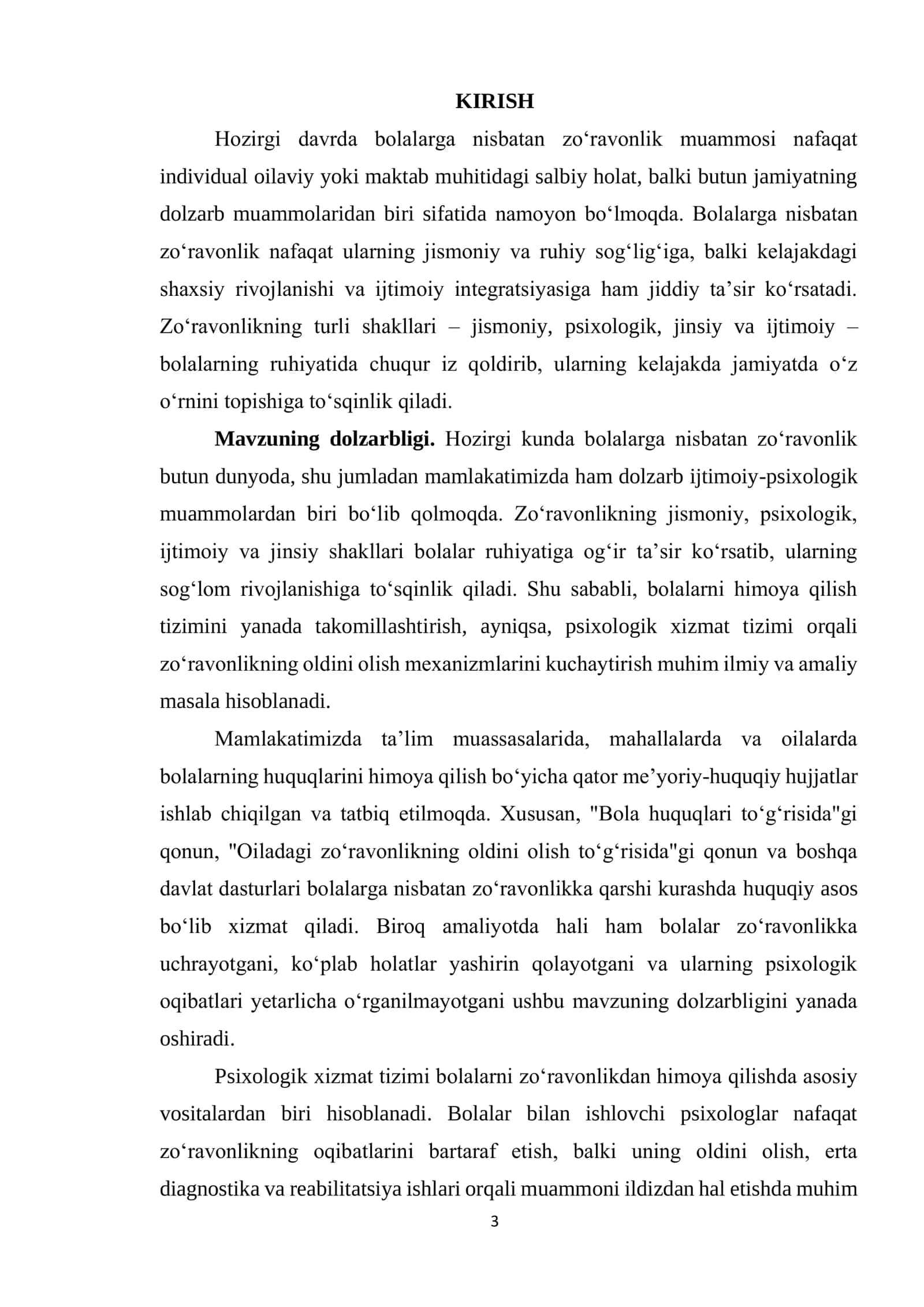 Bolalarga nisbatan zo‘ravonlikni oldini olish chora tadbirlari mavzusidagi kurs ishi 3