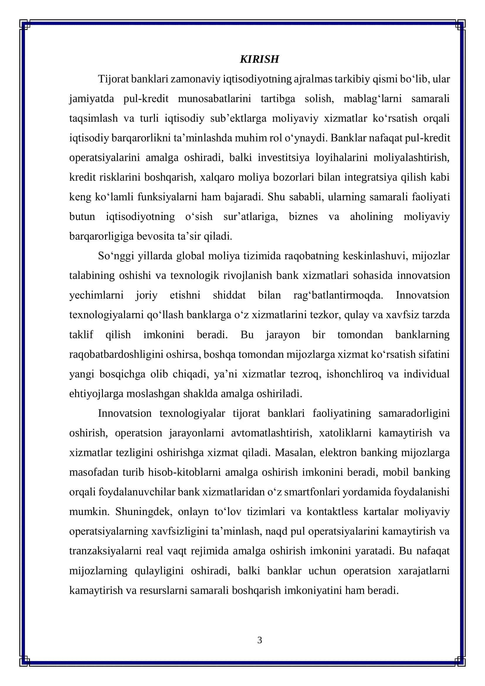 Tijorat banklarida innovatsion texnologiyalar va xizmatlarni joriy etish 3