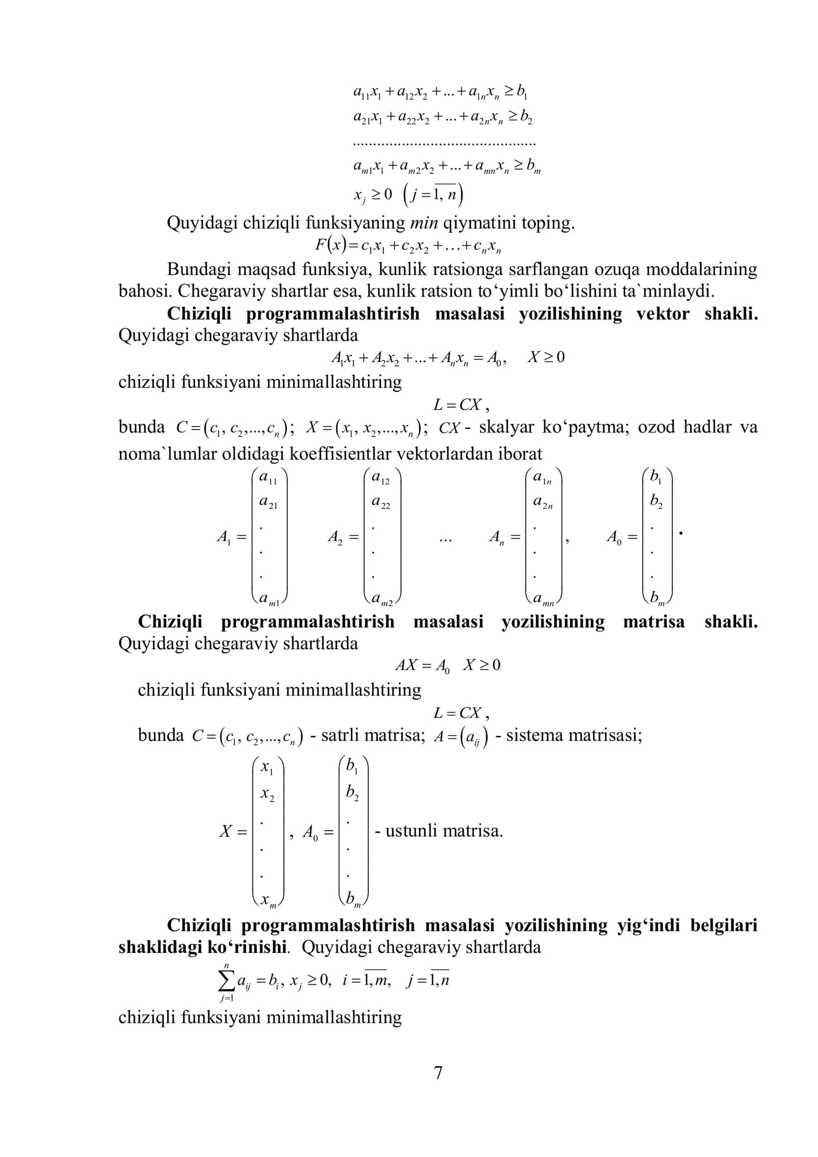 I – bob. Chiziqli programmalashtirish masalasining qo‘yilishi 3