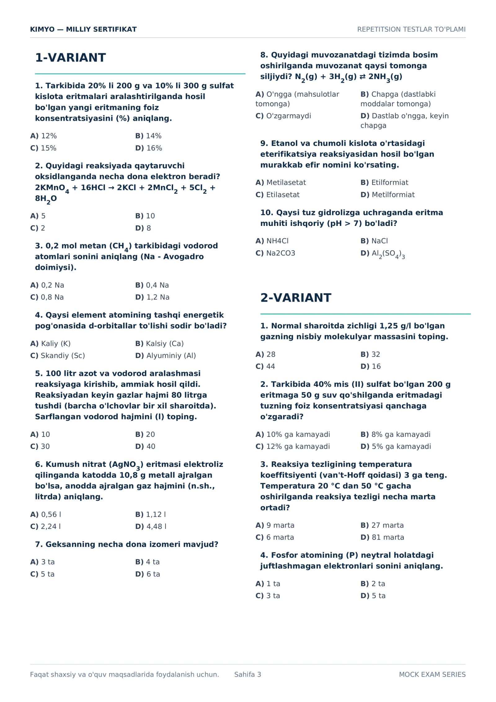 Kimyo — Milliy sertifikat uchun 10 ta repetitsion test varianti + javoblari 3