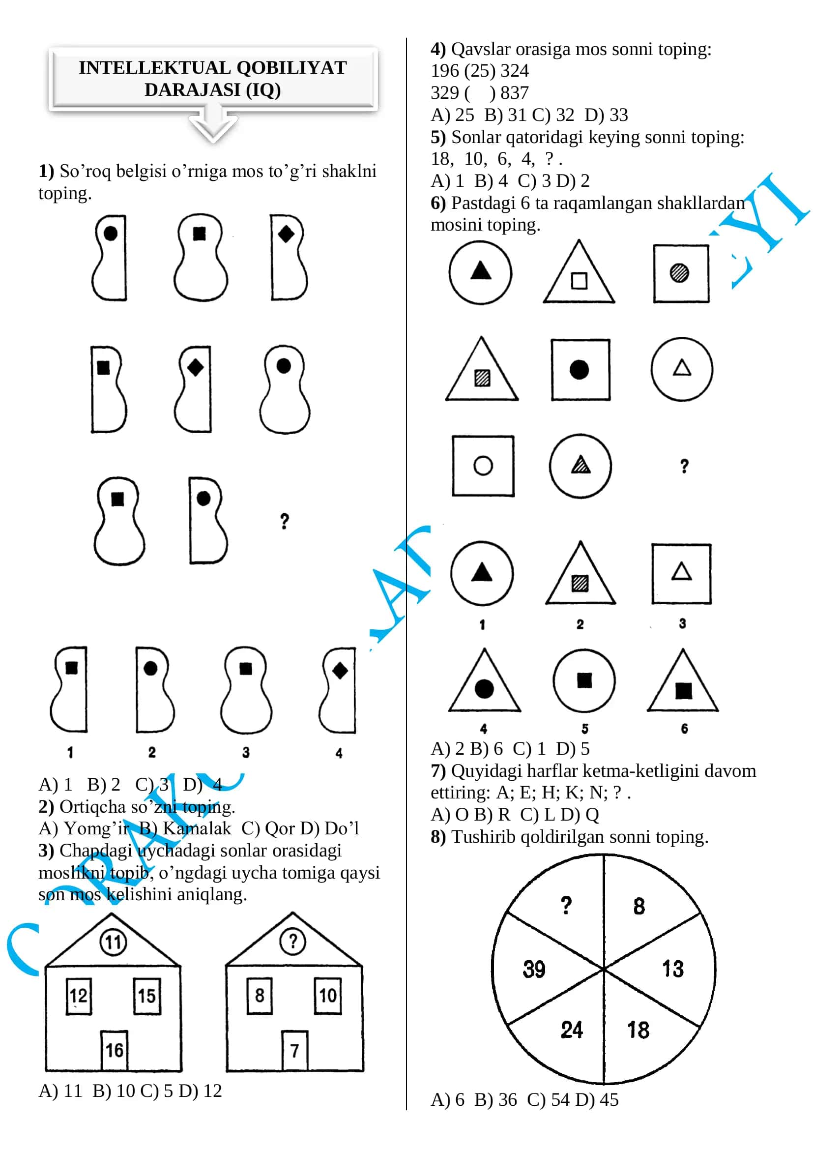 1-SINOV TEST TOPSHIRIQLARI KITOBI LETSIY UCHUN MATEMATIKA 3
