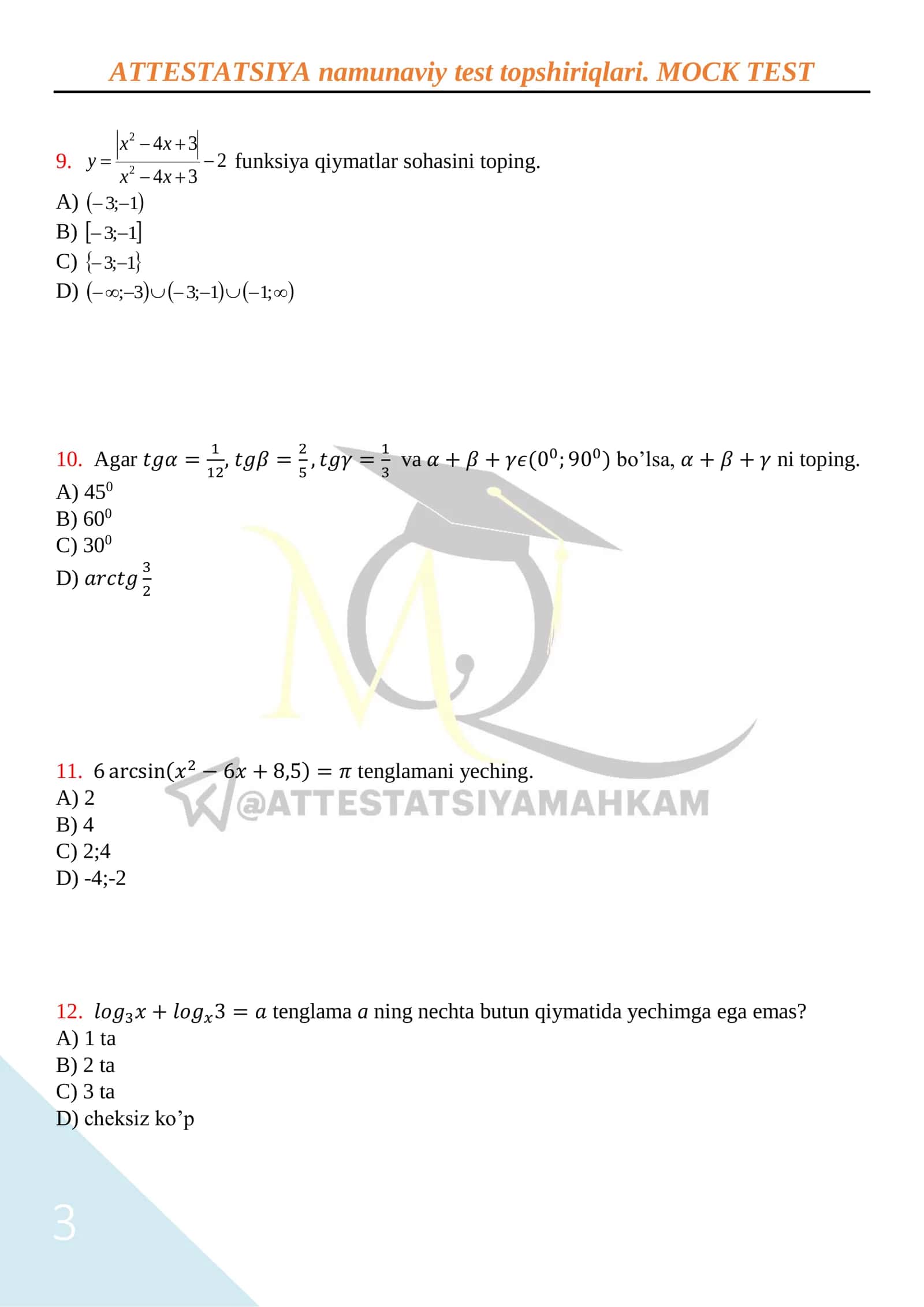 ATTESTATSIYA namunaviy test topshiriqlari. MOCK TEST 3