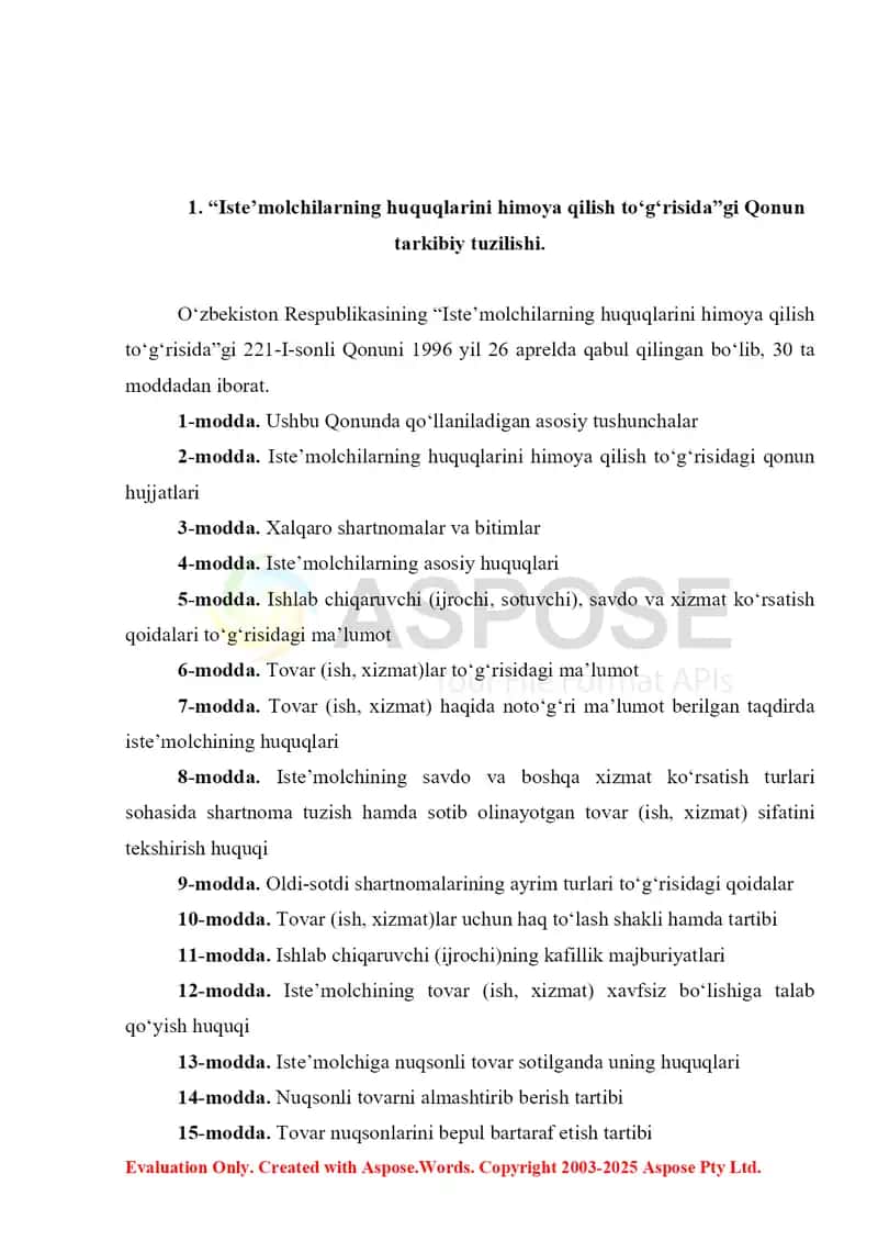 “Iste’molchilarning huquqlarini himoya qilish to‘g‘risida”gi Qonun va uning ahamiyati. Referat 8 bet. 3