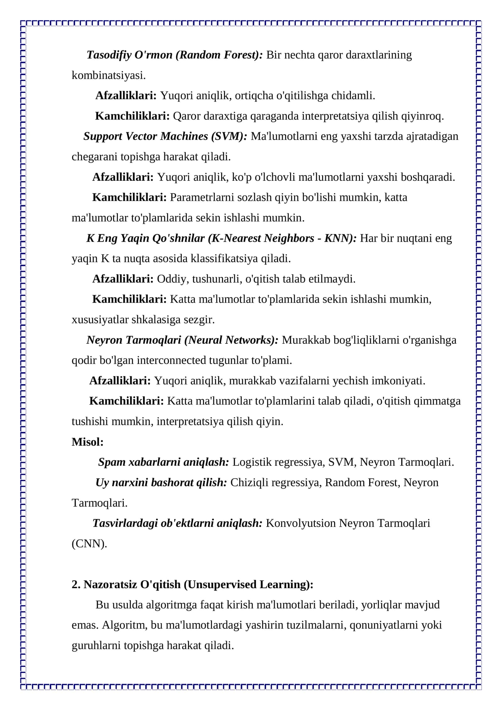 Mashinali o‘qitish usullari va algoritmlari 3