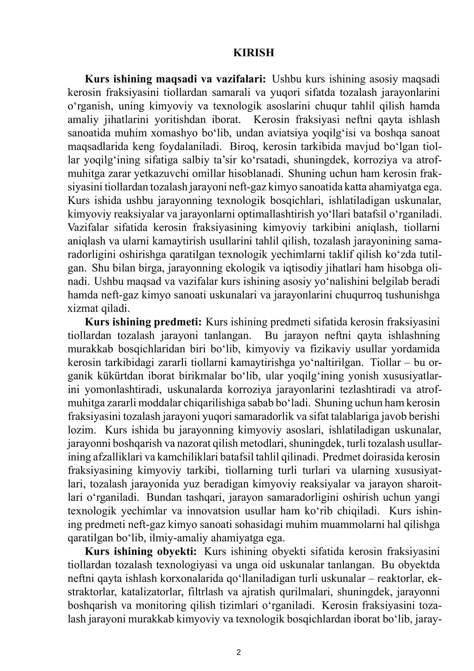 Kerosin fraksiyasini tiollardan tozalash jarayoni 3
