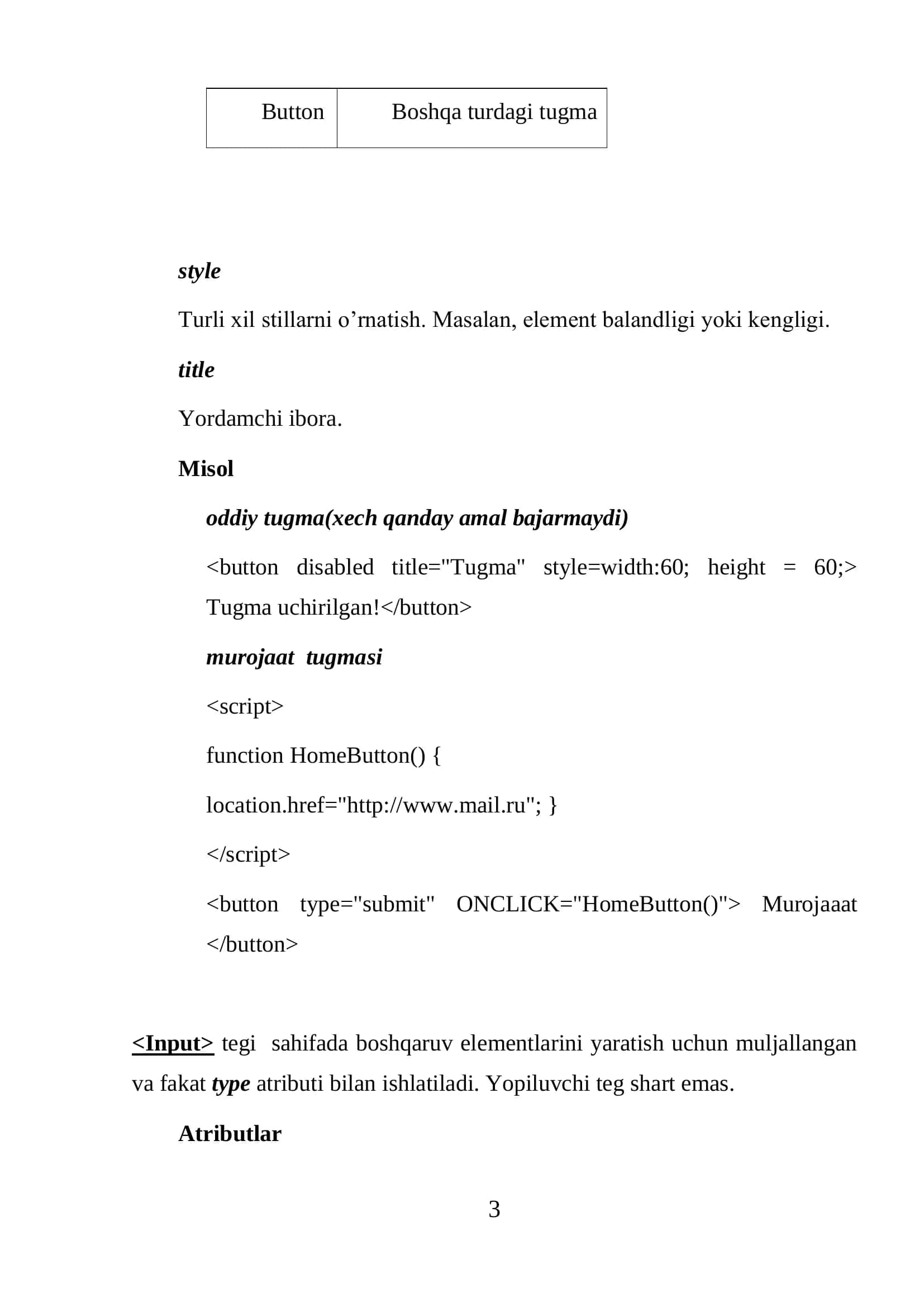 HTML TILI ASOSLARI. BOSHQARISH ELEMENTLARINI O’RNATISH 3