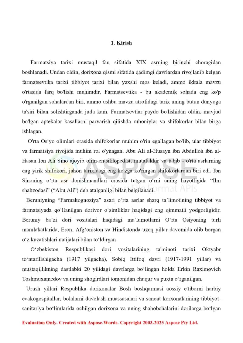 9. Markaziy Osiyo davlatlarida farmatsiyaning rivojlanishi. Referat 12 bet. 3
