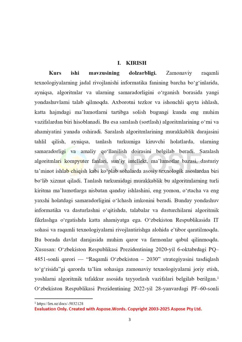Tanlash turkumidagi murakkablikka ega saralash algoritmlari kurs ishi 3