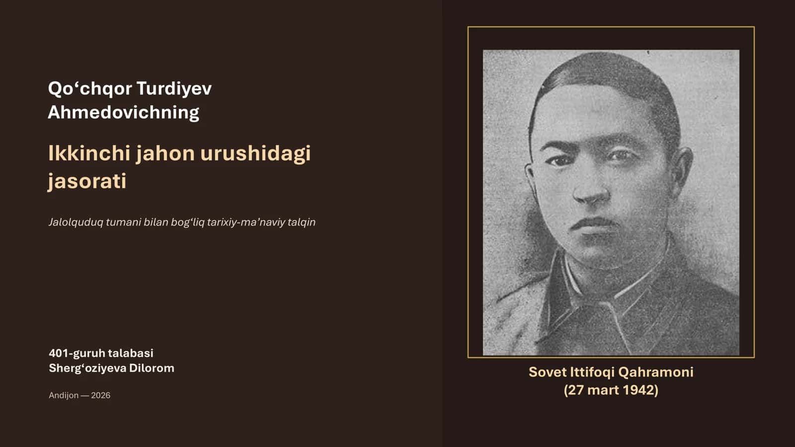 O`zbek xalqining Fashizm ustidan qozonilgan g`alabaga qo`shgan xissasi fanidan tayyorlagan 3