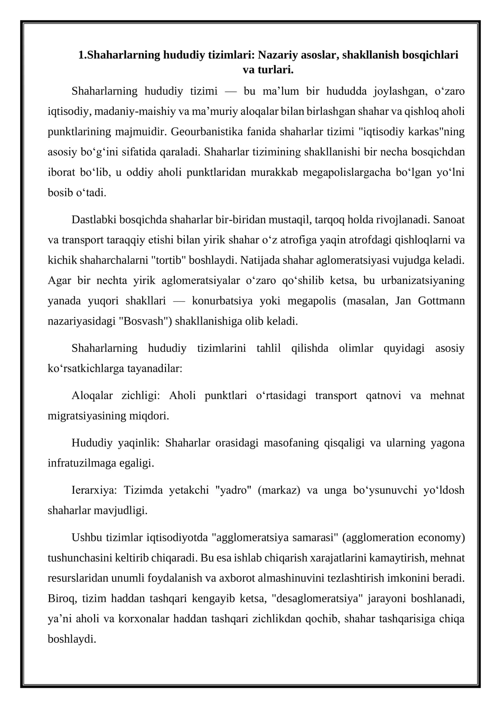 Shaharlarning hududiy tizimlari. Toshkent va Samarqand aglomeratsiyasi tahlili 3