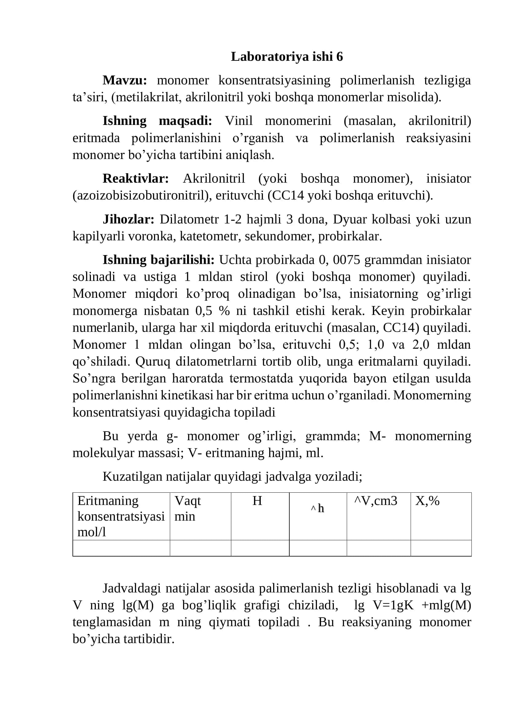 Radikal polimerlanish reaksiyalari asosida polistirolni  sintez qilish kinetikasini o’rganish 3