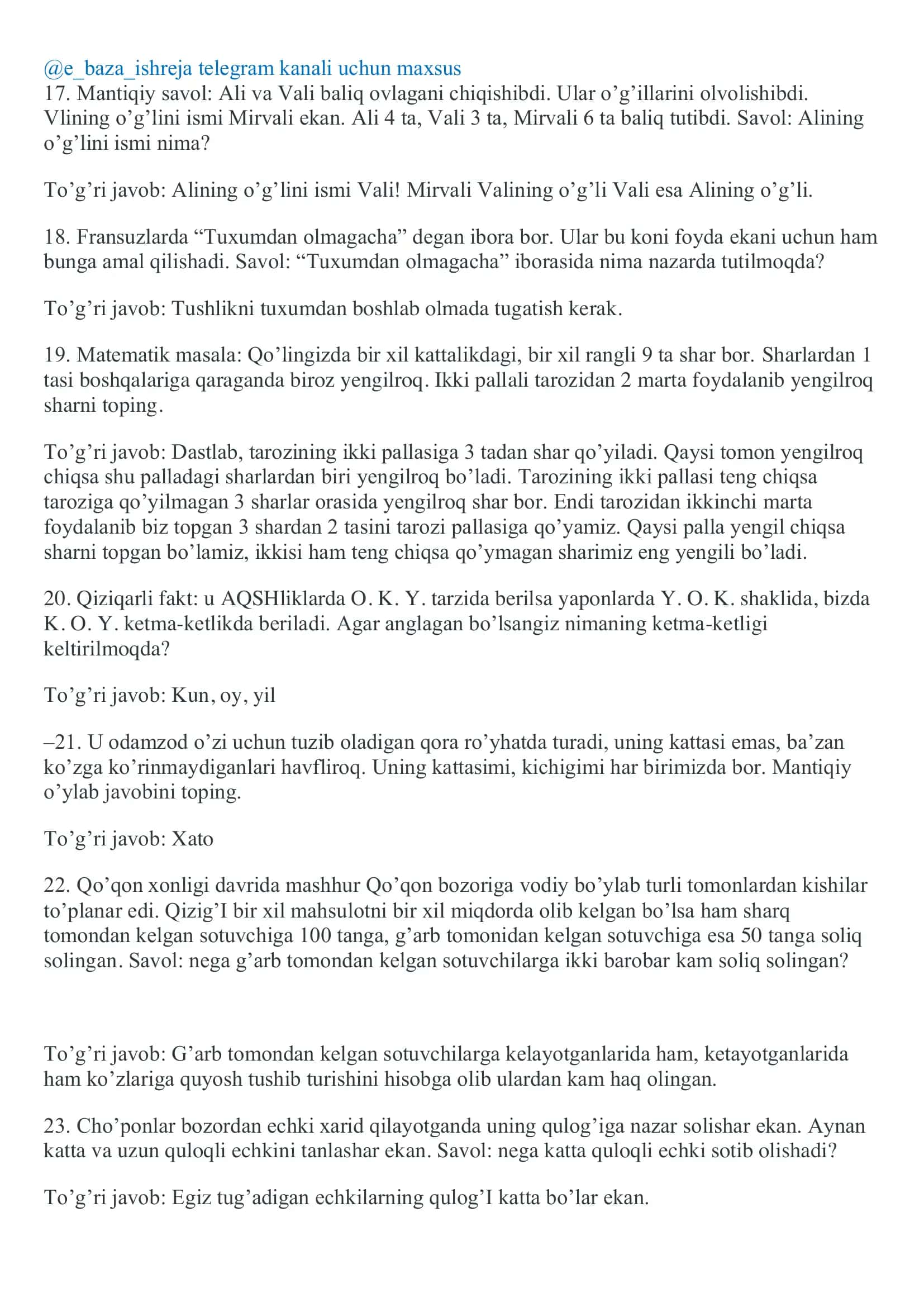 202 ta mantiqiy savollar javoblari bilan 3
