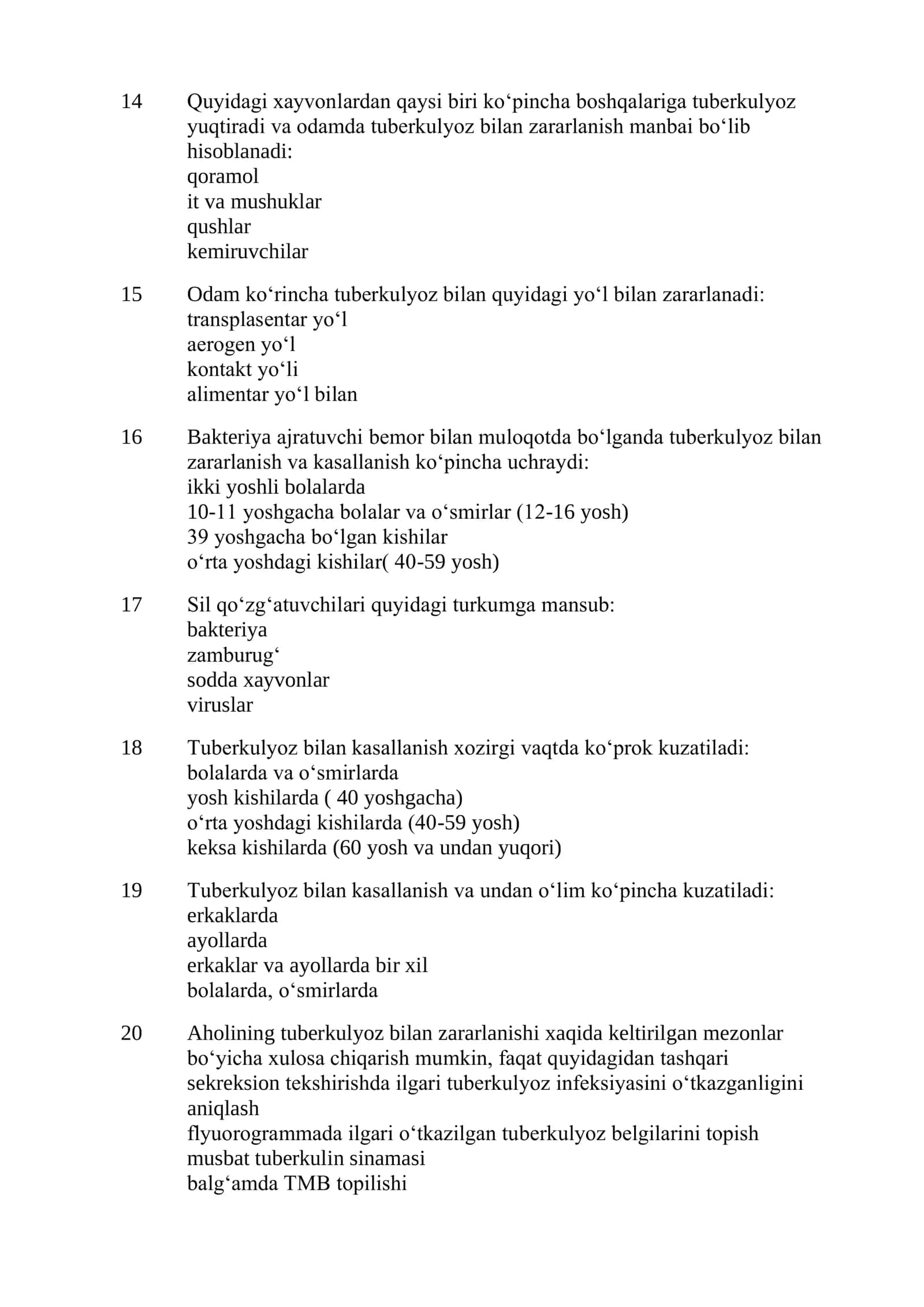Ftiziatriya mutaxassisligi bo'yicha shakllantirilgan test savollari ro'yxati  2026 3