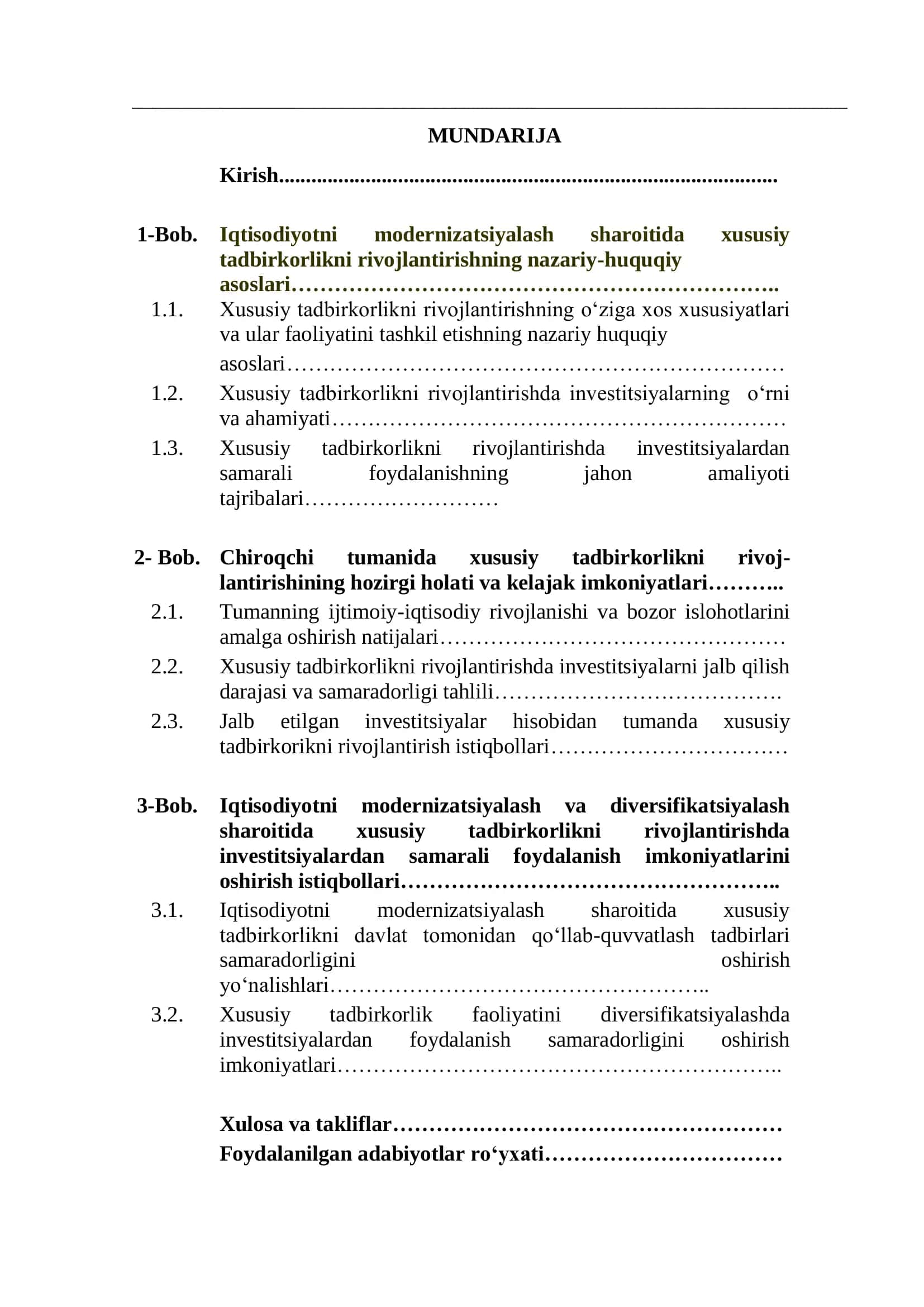 «Xususiy tadbirkorlikni rivojlantirishda investitsiyalarning o‘rni va ahamiyati (Chiroqchi tumani iqtisodiyot bo‘limi misolida)» 3
