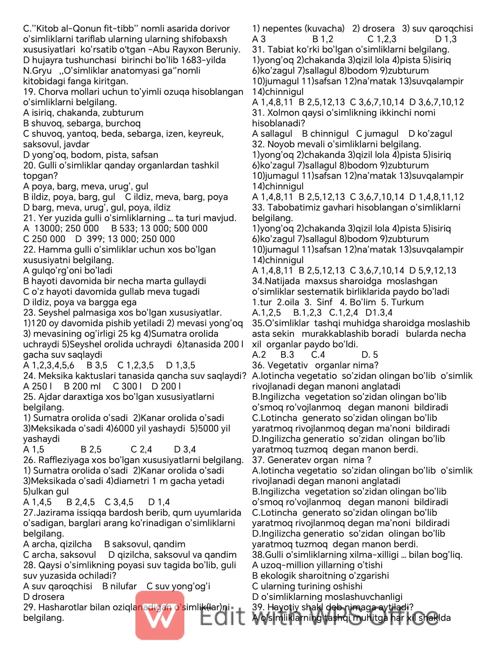 BIOLOGIYA BOTANIKA TEST 3