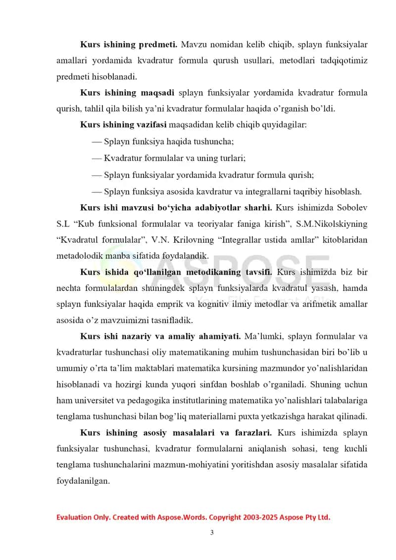 Splayn funksiyalar yordamida kvadratur formula qurish 3