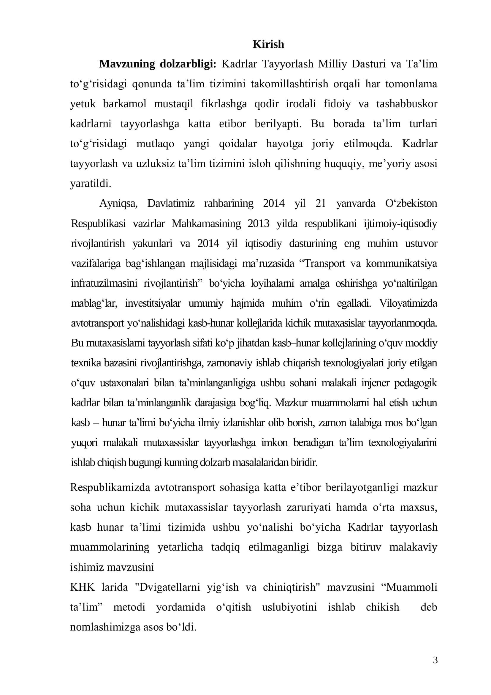 AVTOMOBIL DVIGATELLARNING KO’RSATKICHLARINI OSHIRISH USULLARI VA ULARNI RIVOJLANTIRISH ISTIQBOLLARI MAVZUSINI O’QITISHDA “MUAMOLI TALIM” TEXNOLOGIYASIDAN FAYDALANGAN XOLDA O’QITISH METODIKASINI ISHLAB CHIQISH BITIRUV MALAKAVIY ISHI 3
