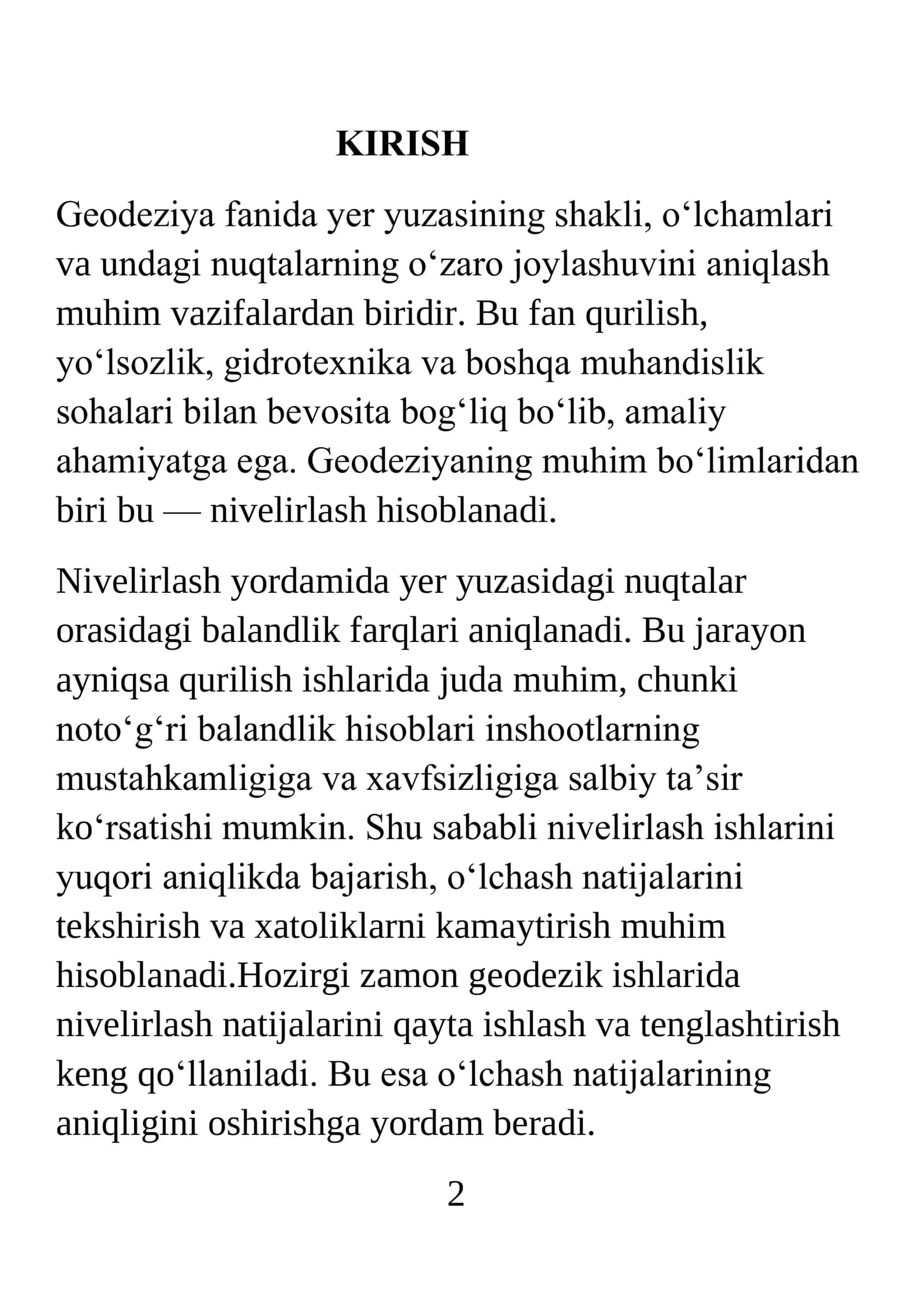 Nivelir tarmoqlarini oddiy usulda tenglashtirish va nivelirlash belgilari balandligini hisoblash. Nivelirlash xatoliklari va o‘lchash aniqligini baholash 3