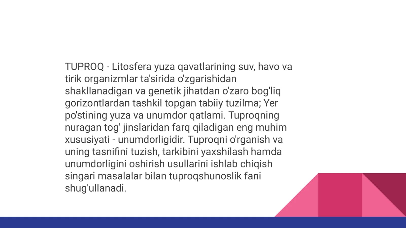 Tuproq haqida umumiy tushuncha. Tuproq geograﬁk obyekt ekanligi. Umumiy va xususiy tuproqlar geograﬁyasi. Tuproqlarni tadqiq etishga hissa qo'shgan olimlar. 3