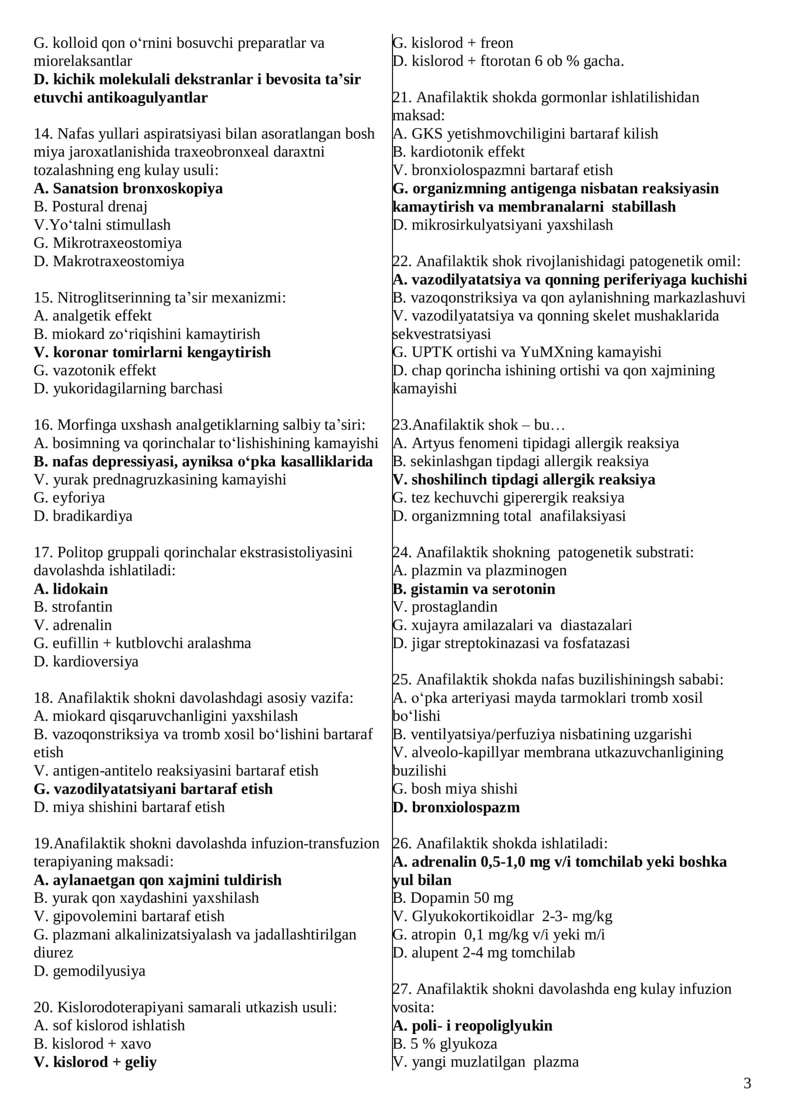 ANESTEZIOLOGIYA VA REANIMATOLOGIYA MAGISTRATURA VA KLINIK ORDINATURA KIRISH TESTLARI 2026 YIL 3