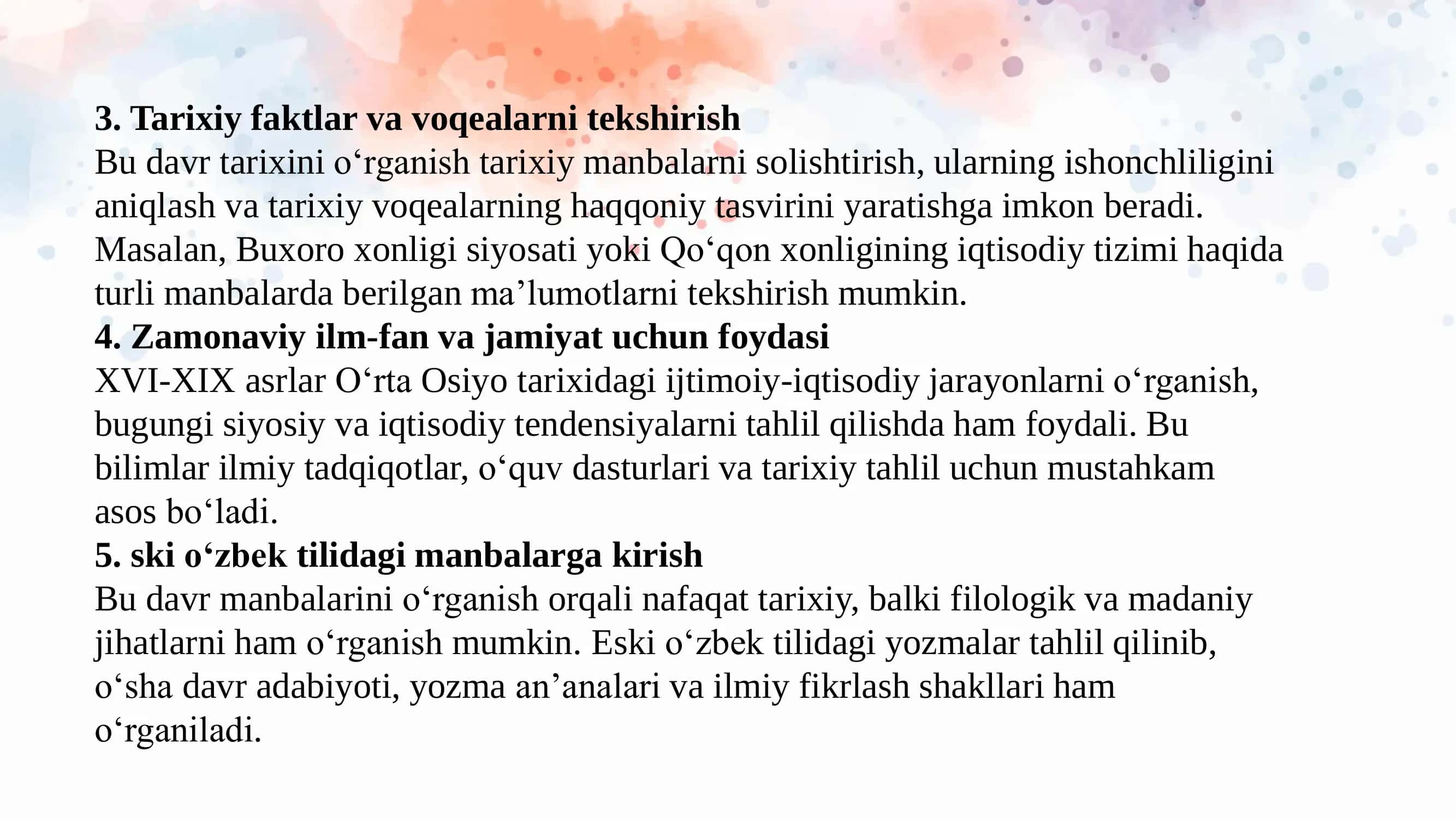 O‘rta Osiyoning XVI-XIX asrlar tarixiga oid eski o‘zbek tilidagi yozma manbalar 3