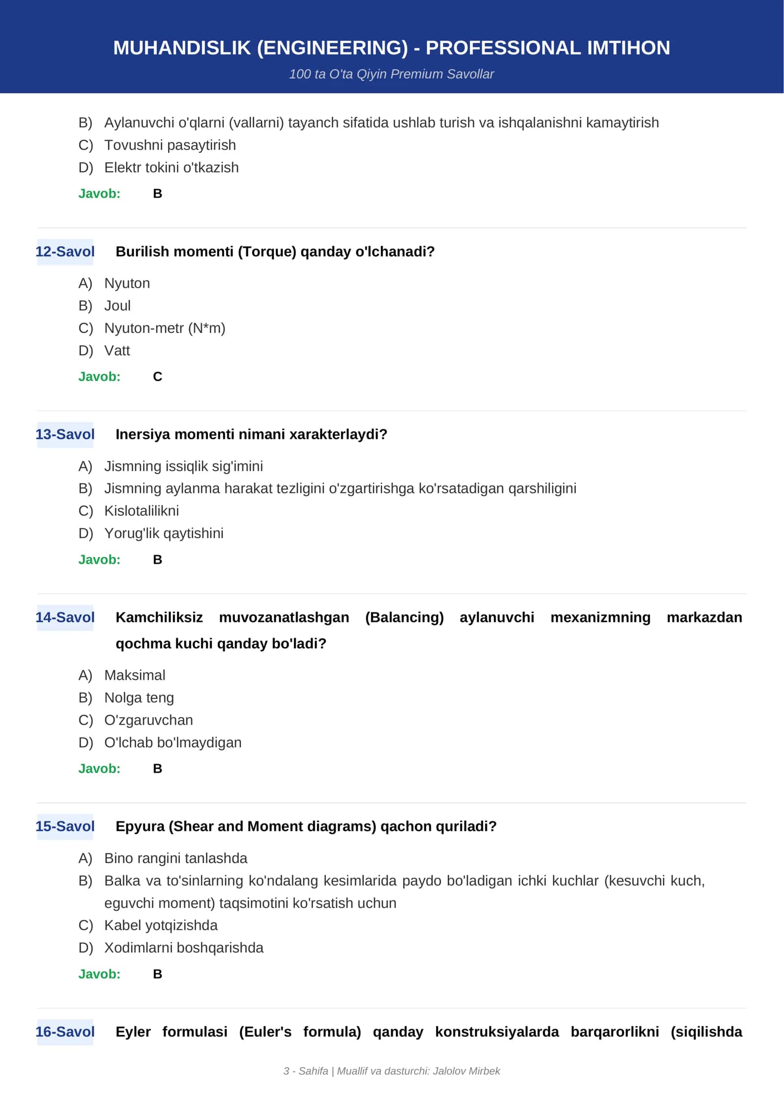 MUHANDISLIK (ENGINEERING) - PROFESSIONAL IMTIHON 3