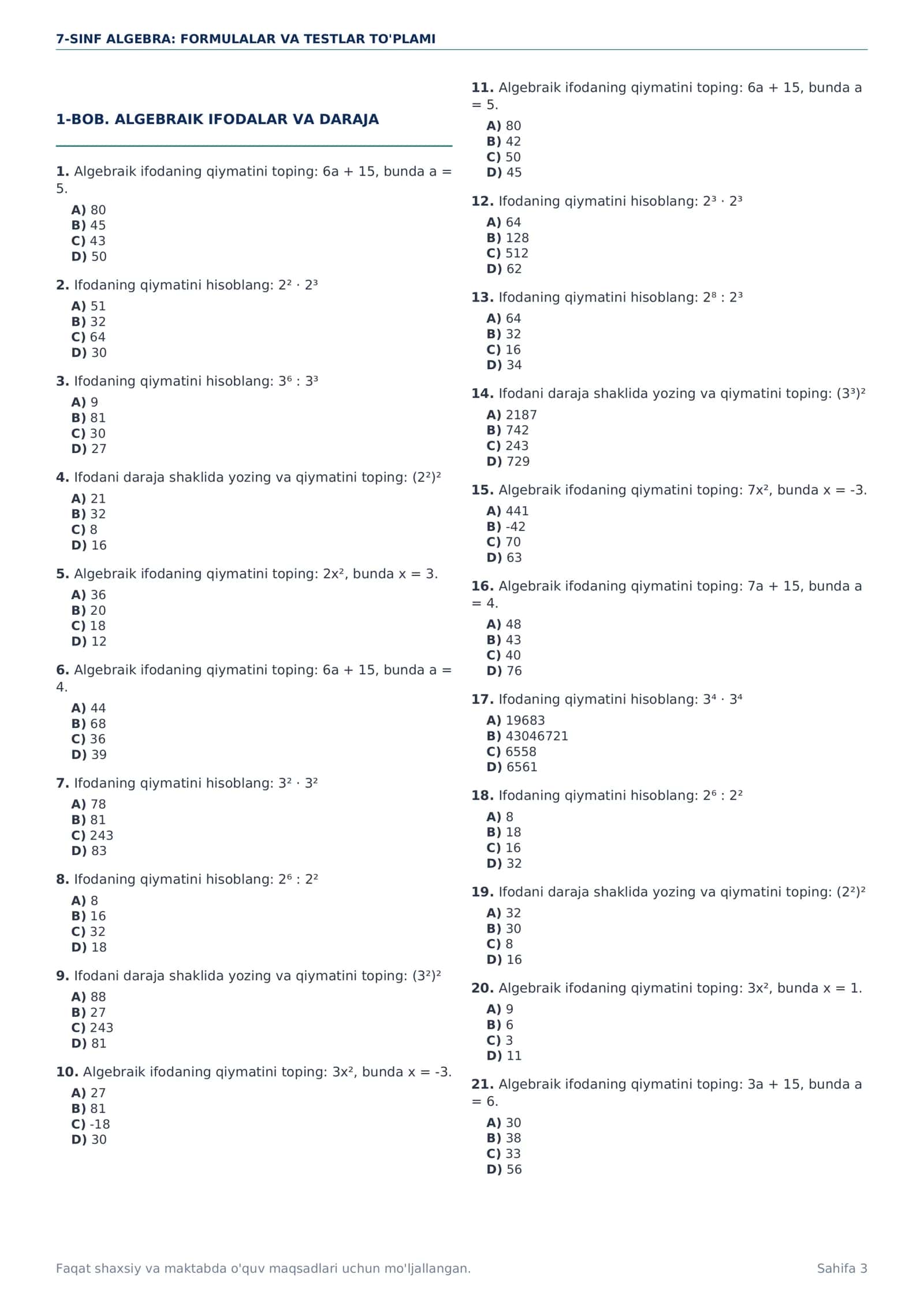 7-SINF ALGEBRA — ENG MUHIM FORMULALAR + 300 TA TEST | JAVOBLARI BILAN PDF 3