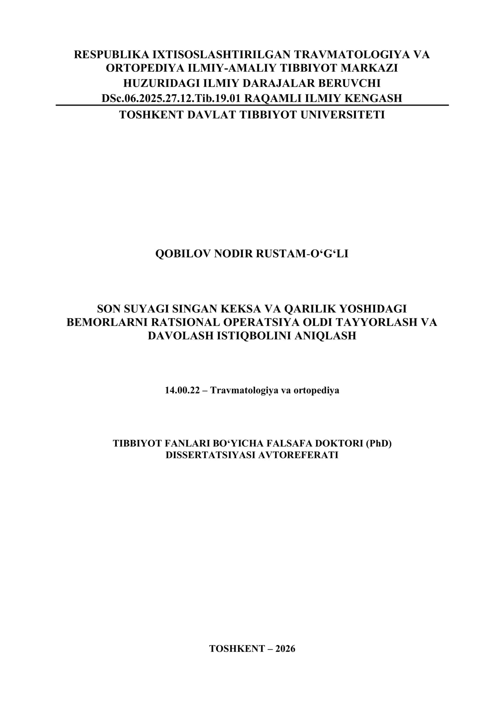 Travmatologiya va ortopediya Tibbiyot Fanlari Bo‘yicha Falsafa Doktori (PhD) dissertatsiyasi avtoreferati 3