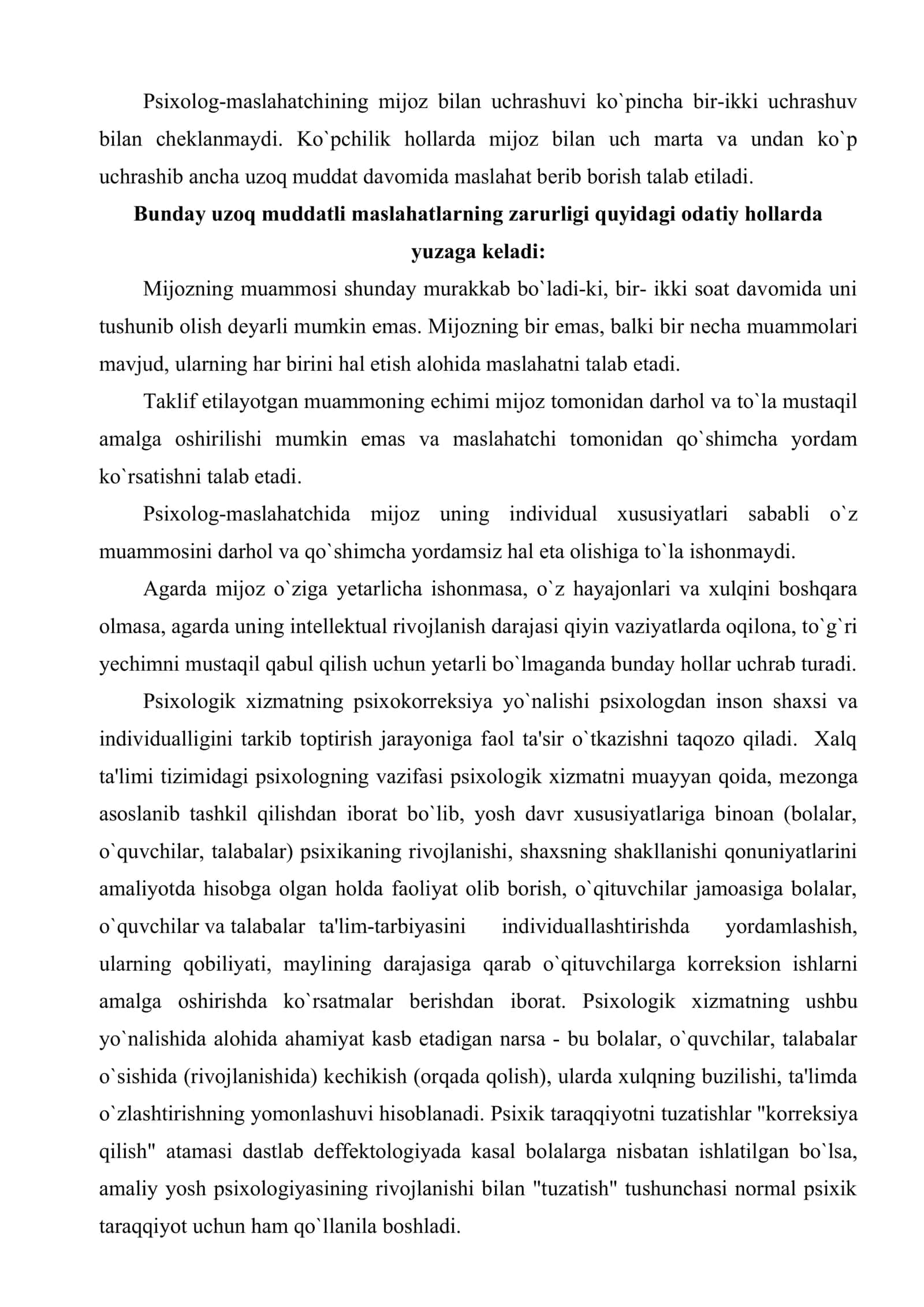 Psixologik maslahat va korreksiyaning maqsadi vazifalari tamoyillari va ularning amaliy psixologiya strukturasidagi o`rni 3