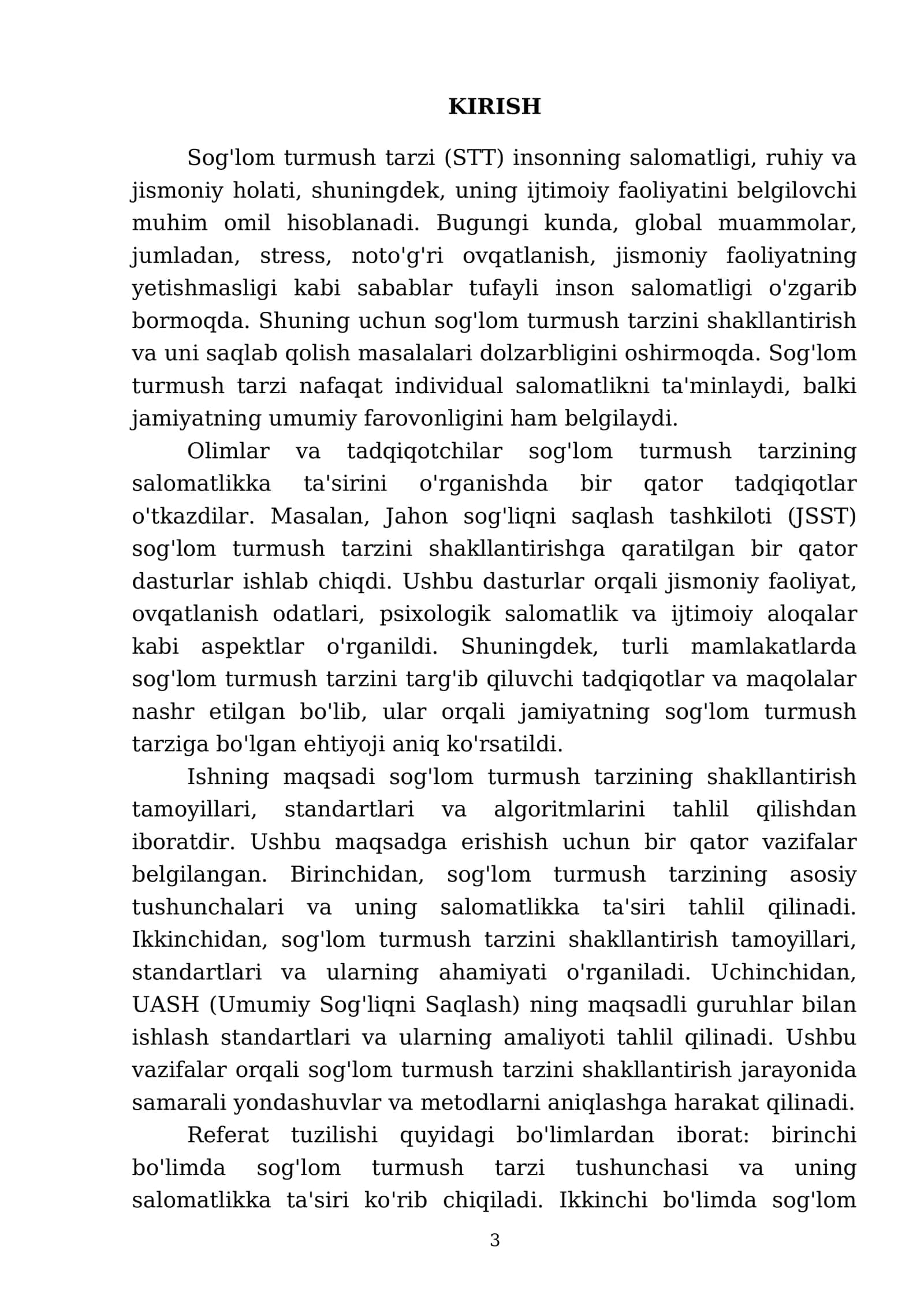 Sog'lom turmush tarzi va uning salomatlikni shakllantirishdagi ahamiyati. STT shakllantirish tamoyillari, standartlar va algoritmlari. UASHning magsadli guruxlarda ish olib borish standartlari 3