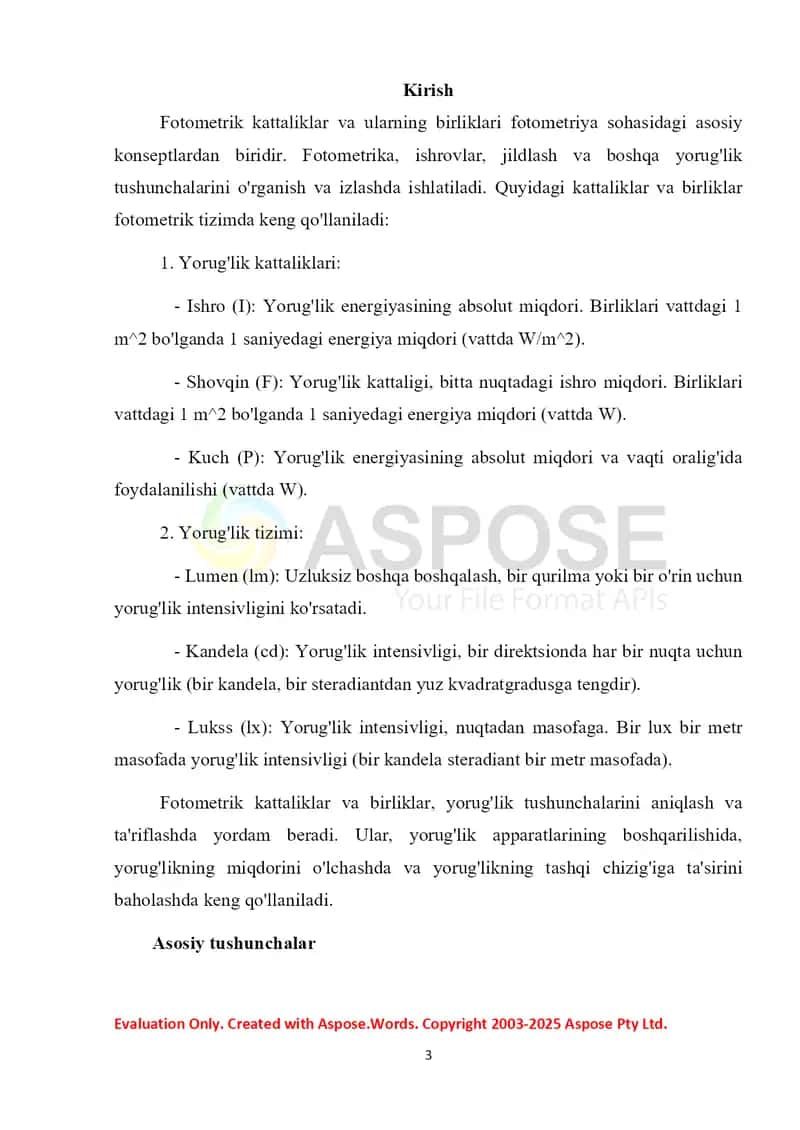 Fotometrik kattaliklar va ularning birliklar 3