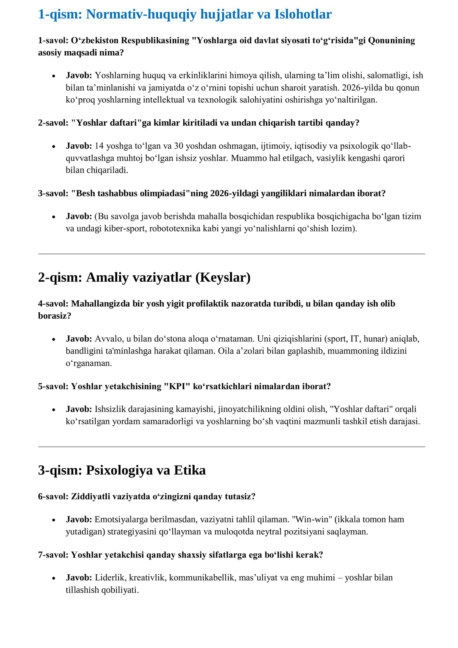 YOSHLAR YETAKCHISI SUHBAT SAVOLLARI JAVOBI YANGI 2026 YIL 3