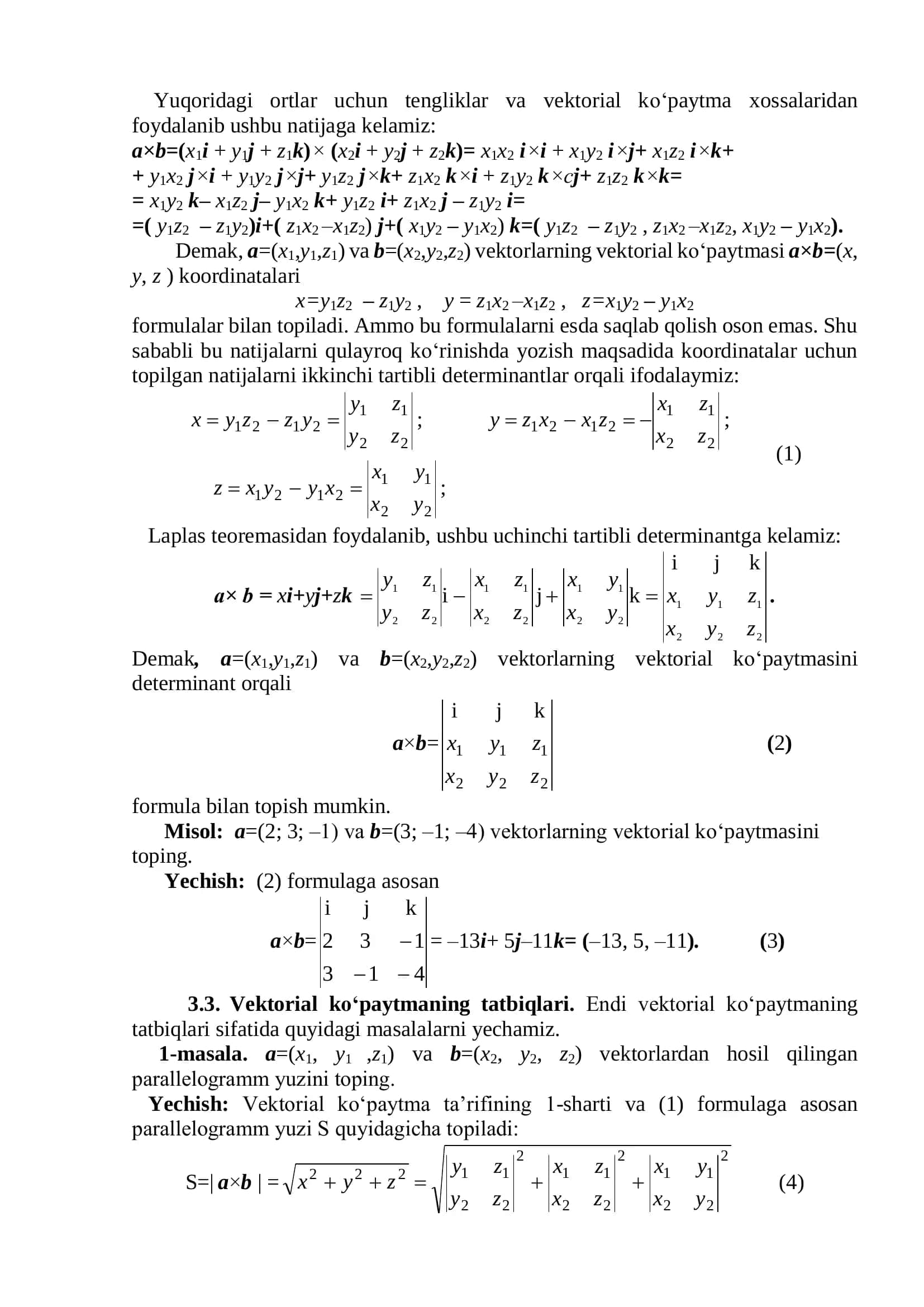 Vektorial ko‘paytma, uning xossalari va tatbiqlari 3