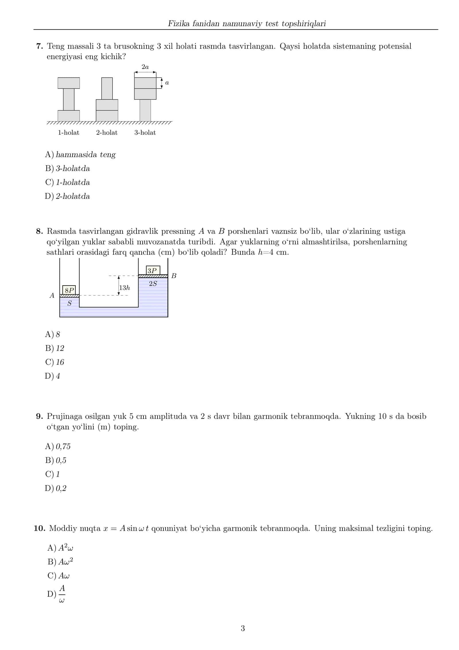 Fizika fanidan namunaviy test topshiriqlari 3