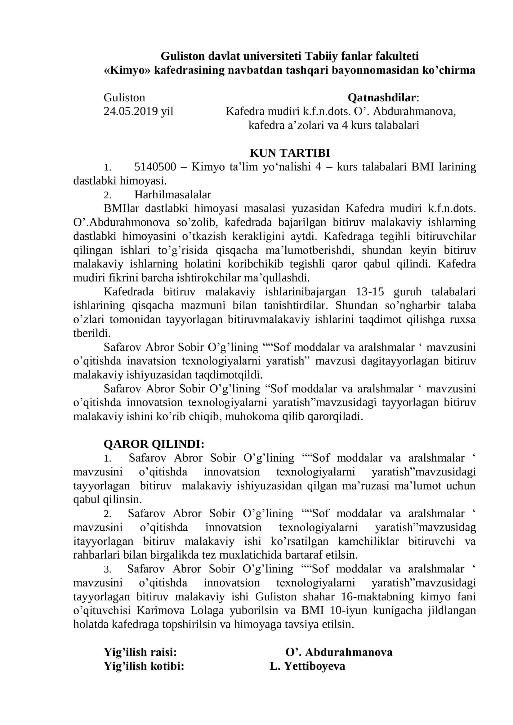 Safarov Abror Sobir o’g’lining 5140500 – Kimyo ta’limi yo’nalishi bo’yicha bakalavr darajasini olish uchun ““Sof moddalar va aralshmalar” mavzusini o’qitishda innovatsion texnologiyalarni yaratish 3
