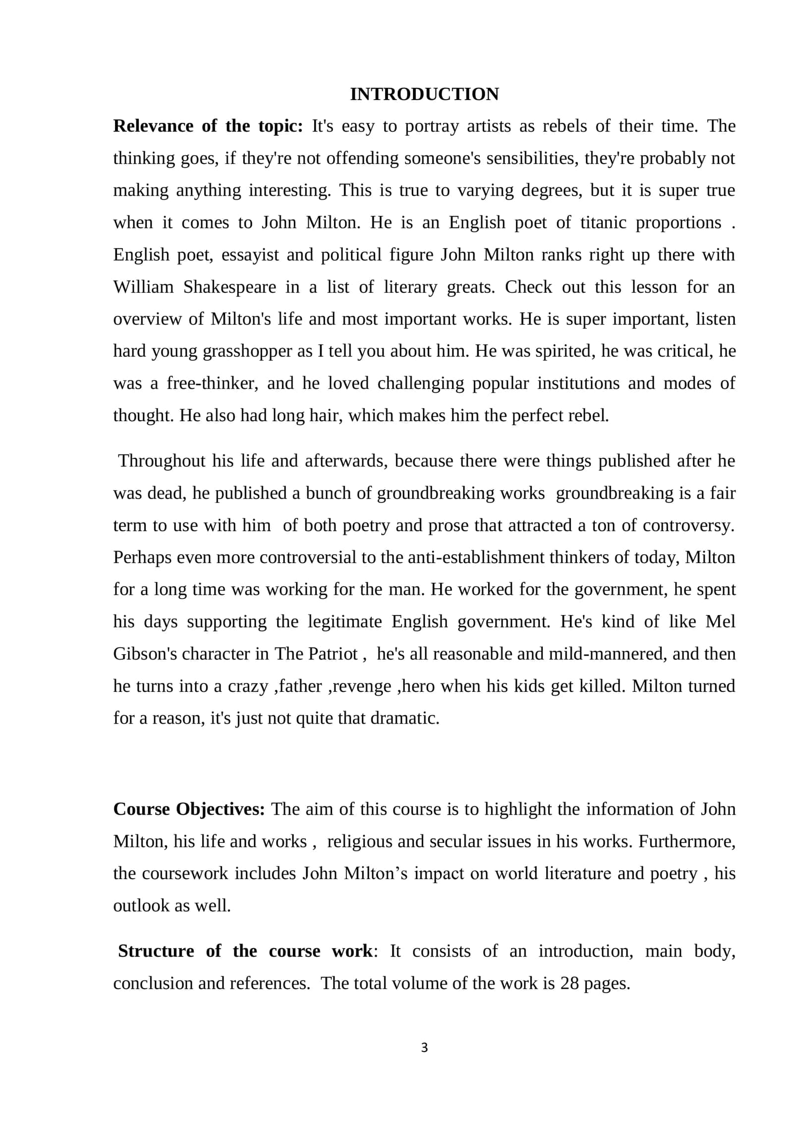Course Paper on Reflection of Religious and Secular Issues in Milton's Work 3