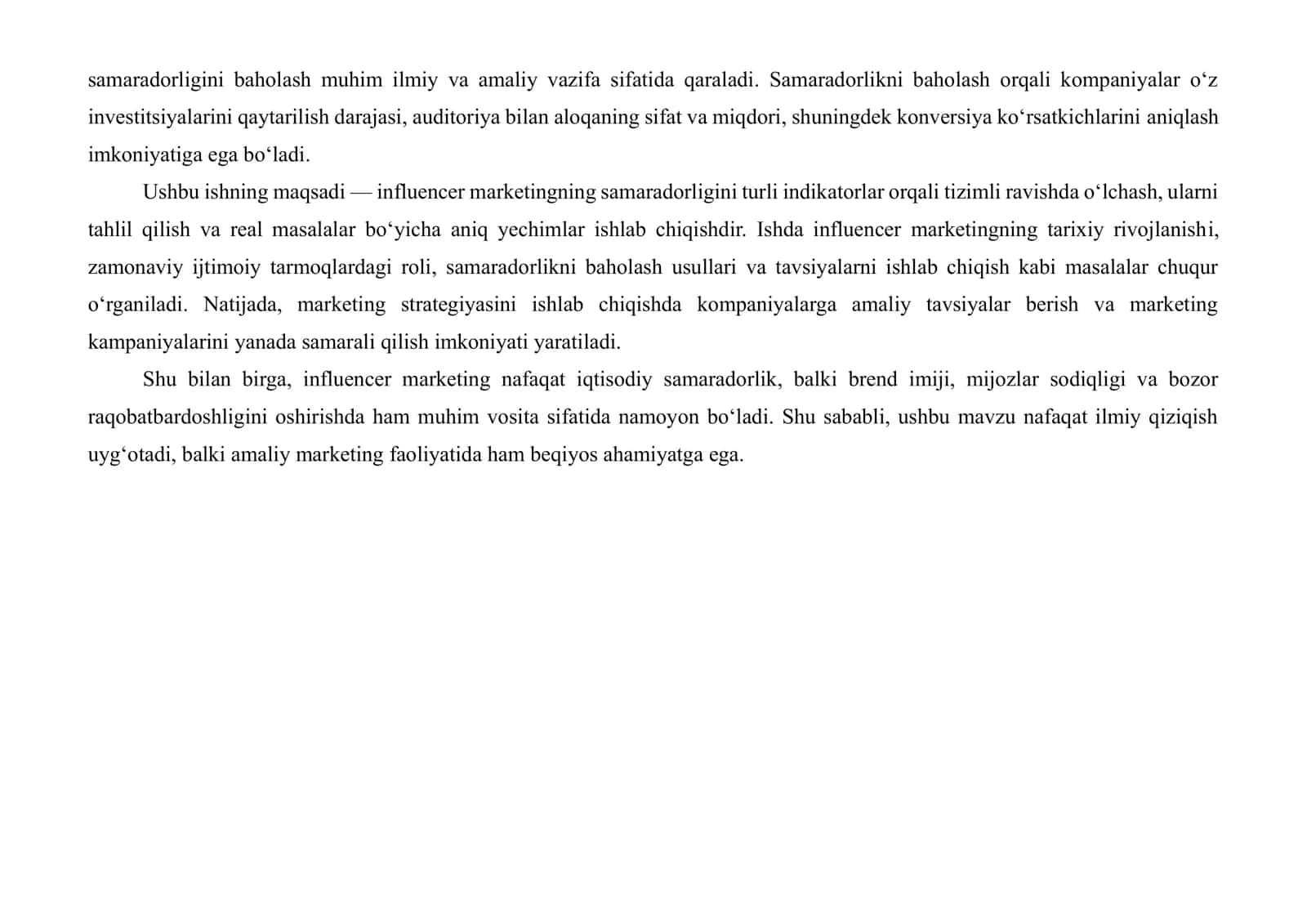 INFLUENCER MARKETING SAMARADORLIGINI BAHOLASH VA BERILGAN MASALAGA ANIQ YECHIMLAR ISHLAB CHIQISH 3
