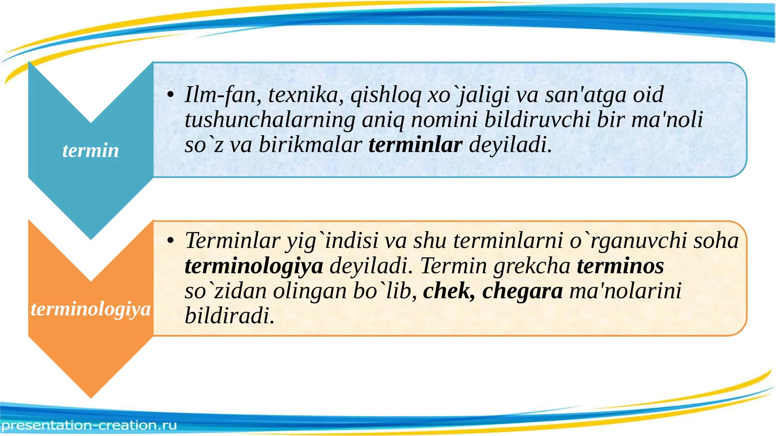 Til va terminologiya . O‘zbek terminologiyasining taraqqiyot bosqichlari . Tilning lug‘at tarkibi . O‘zbek leksikografiyasi . Umumiy va maxsus lug‘atlar . Sohaviy lug‘atlarda terminlar . Tezaurus haqida ma’lumot 3