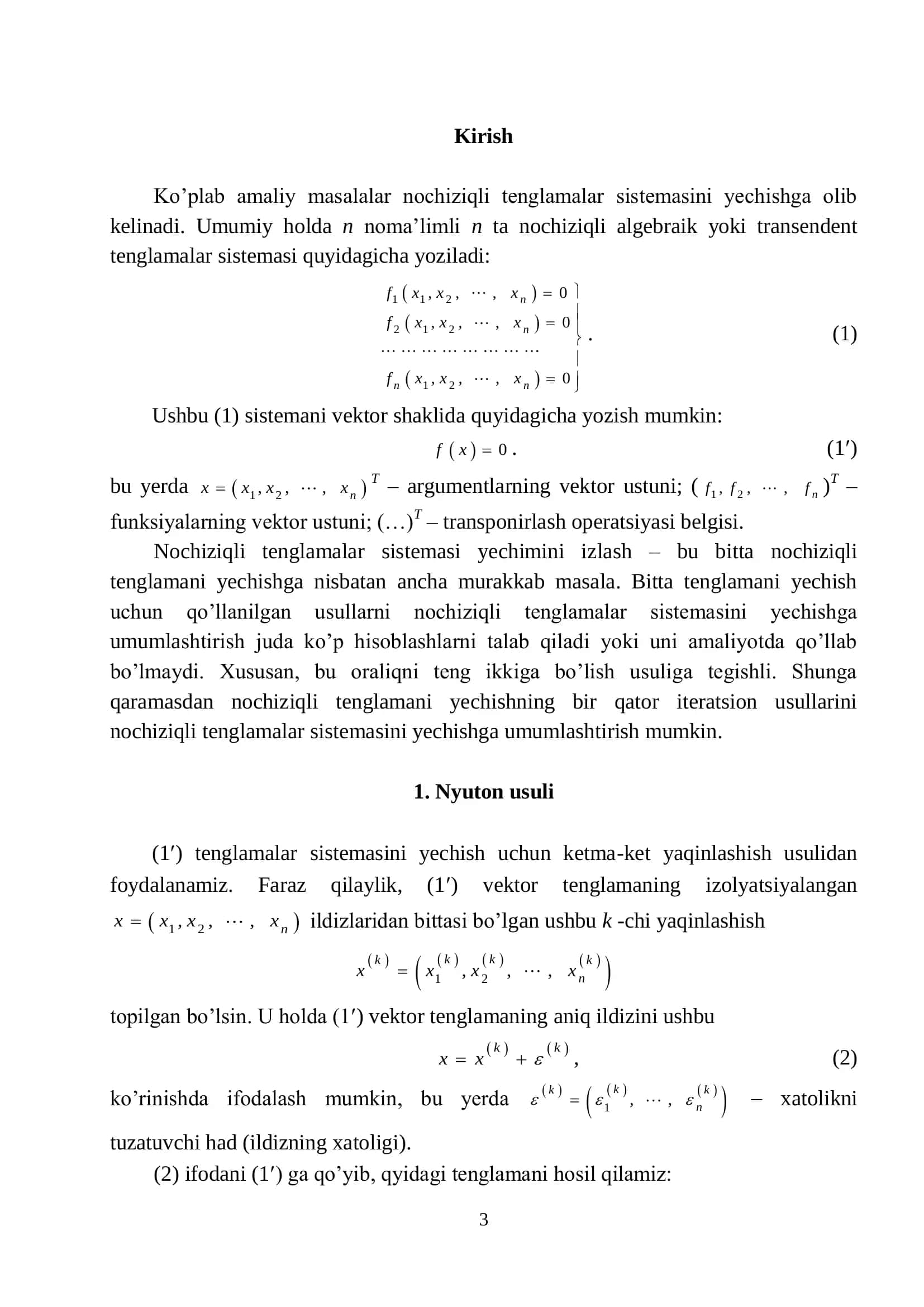 Chiziqli bo'lmagan tenglamalar sistemasini yechish usullarini taqqoslash 3