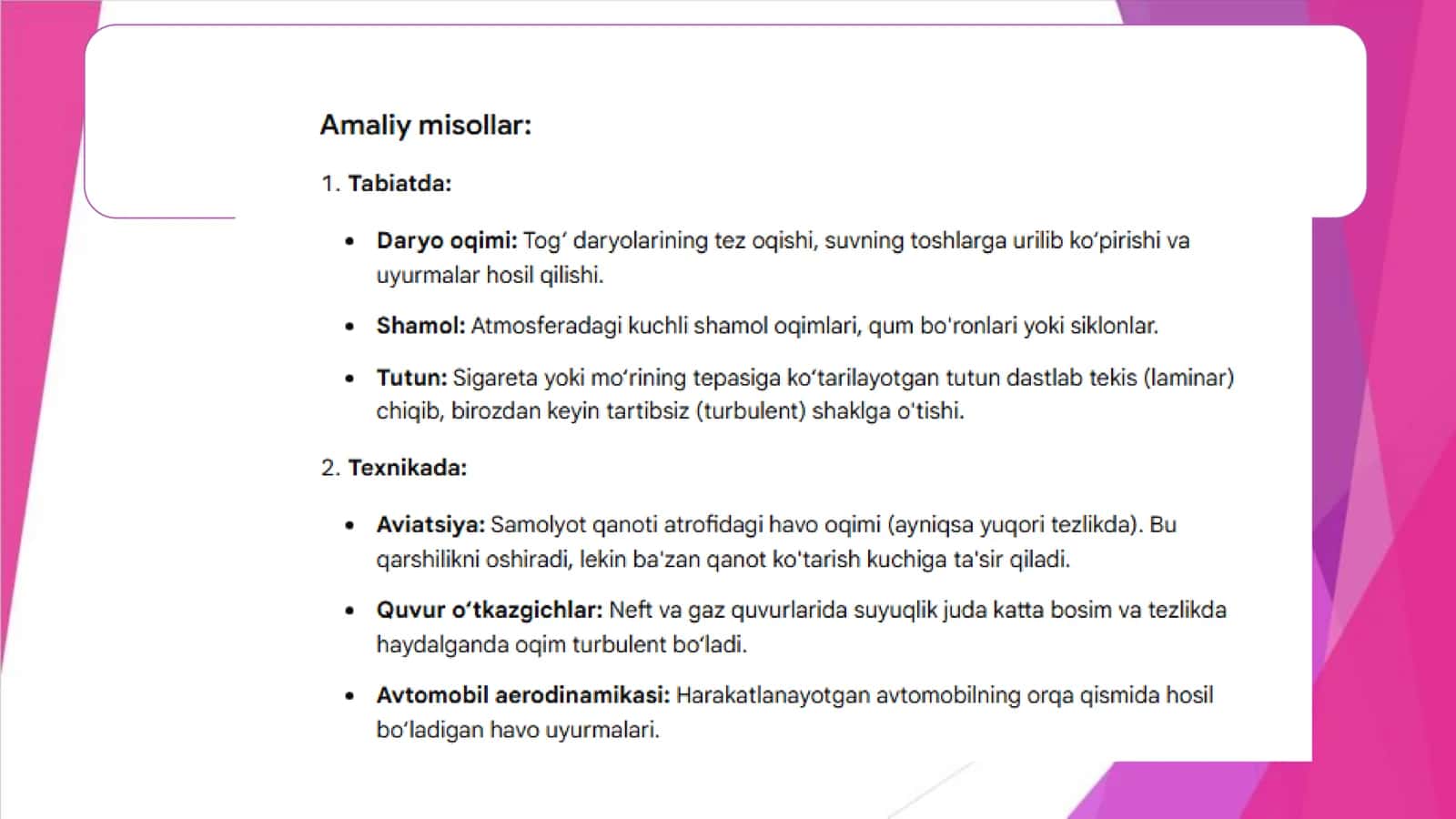 Turbulent harakat rejimi. Amaliy misollar 3