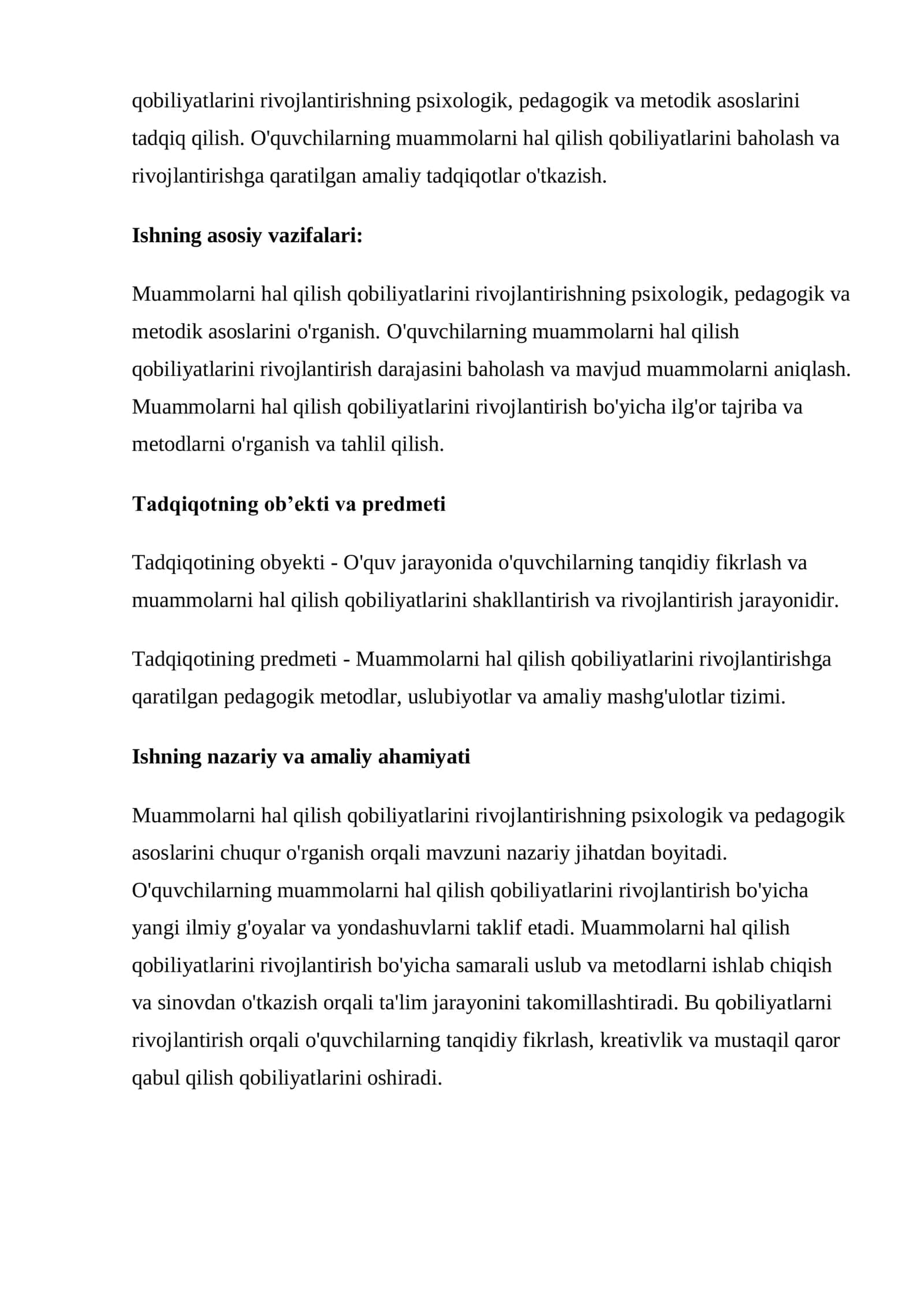 O’QUVCHILARNING MUAMMOLARNI HAL QILISH QOBILIYATLARINI RIVOJLANTIRISH mavzusida kurs ishi 3